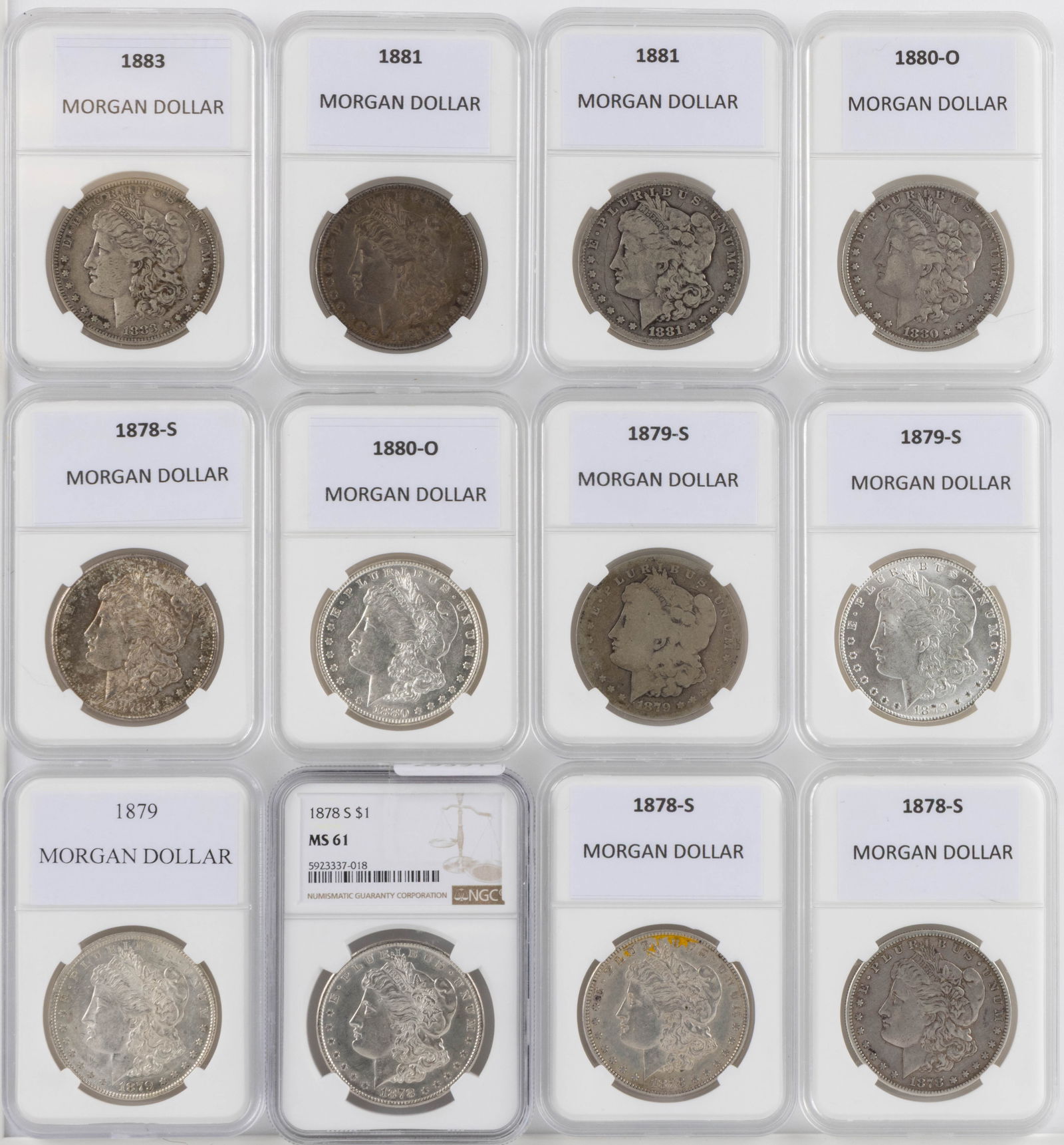 ASSORTED UNITED STATES MORGAN SILVER DOLLAR COINS, LOT OF 12 (1 of 2)