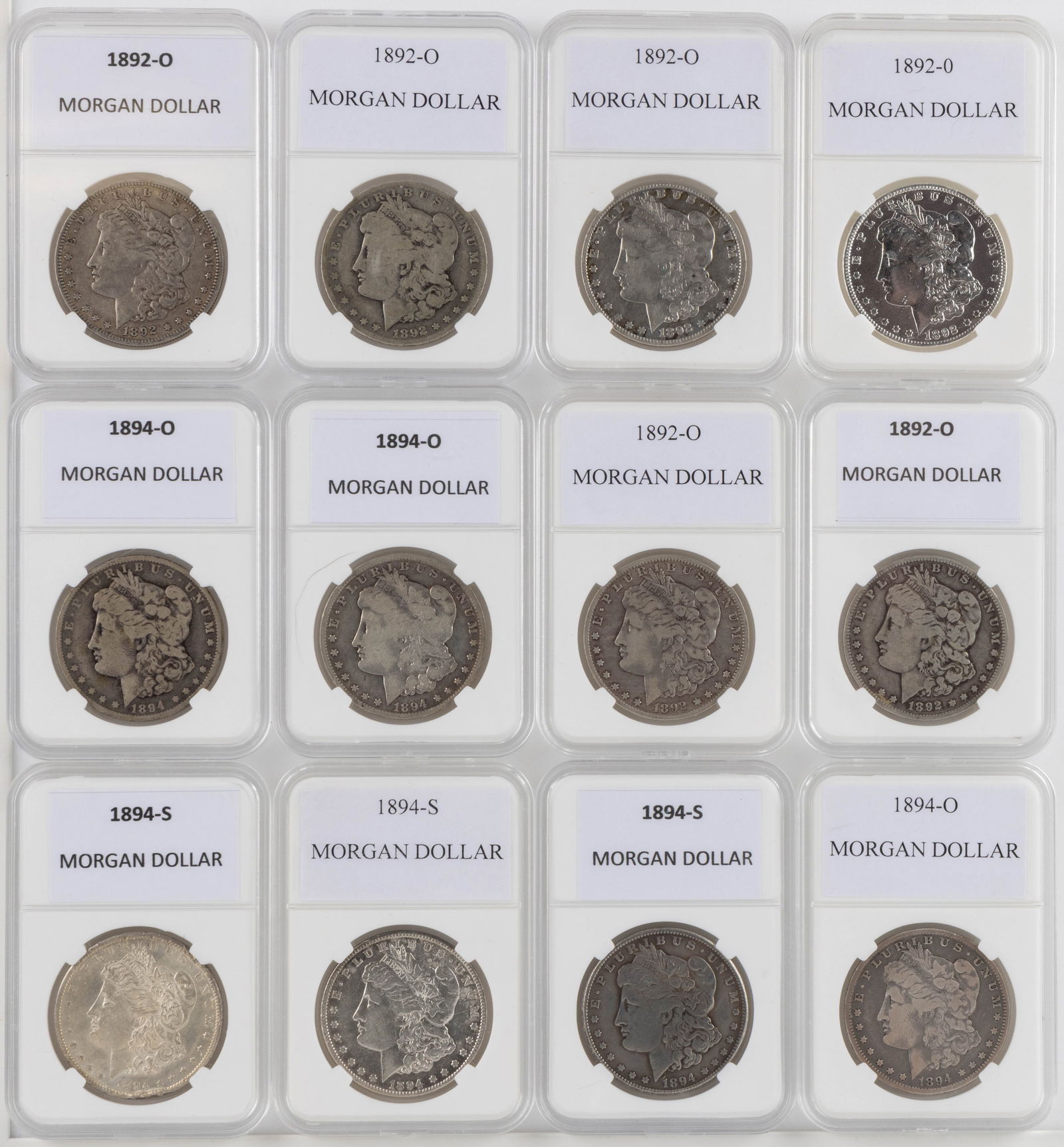 ASSORTED UNITED STATES MORGAN SILVER DOLLAR COINS, LOT OF 12 (1 of 2)