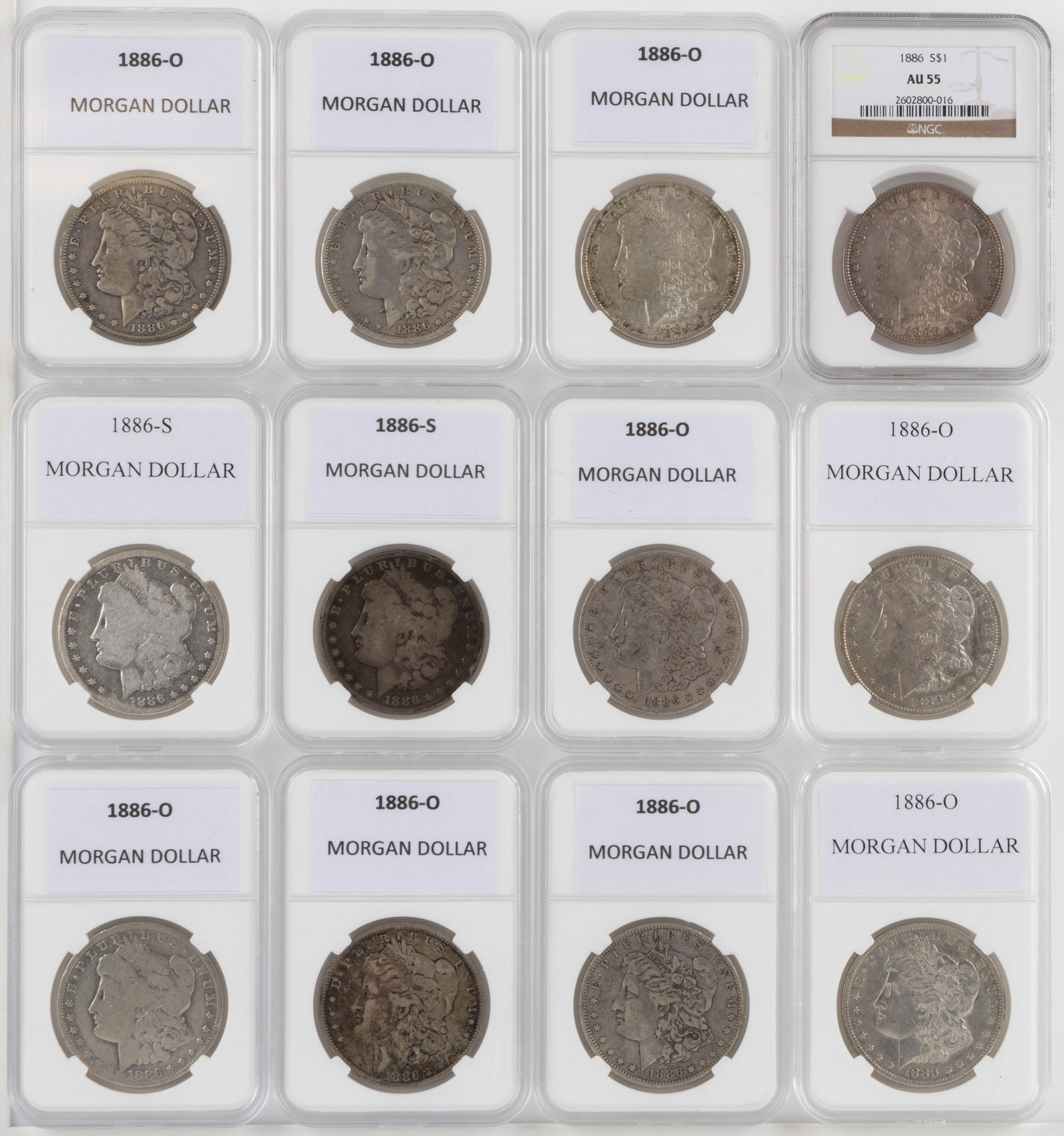 ASSORTED UNITED STATES MORGAN SILVER DOLLAR COINS, LOT OF 12 (1 of 2)