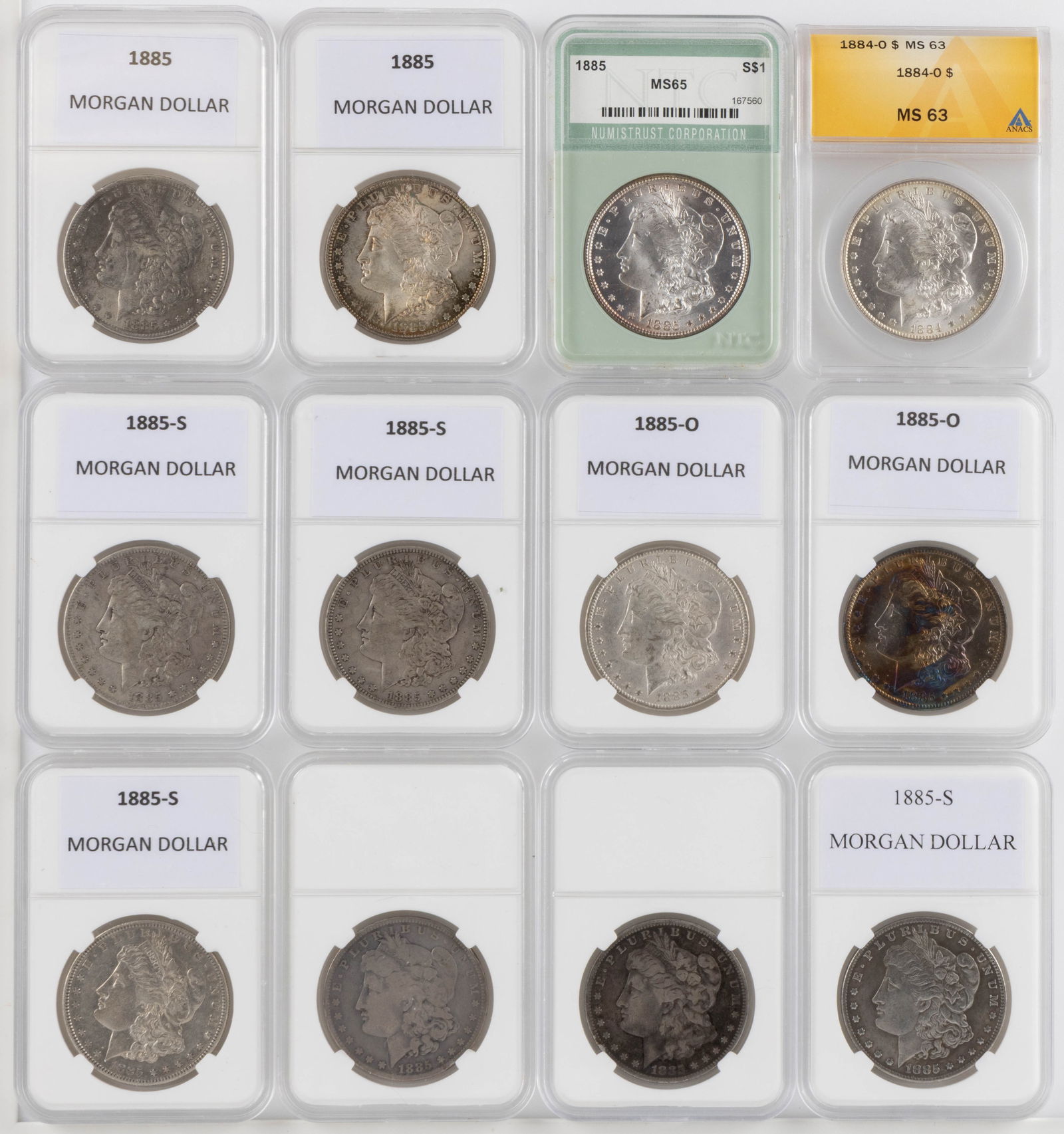 ASSORTED UNITED STATES MORGAN SILVER DOLLAR COINS, LOT OF 12 (1 of 2)