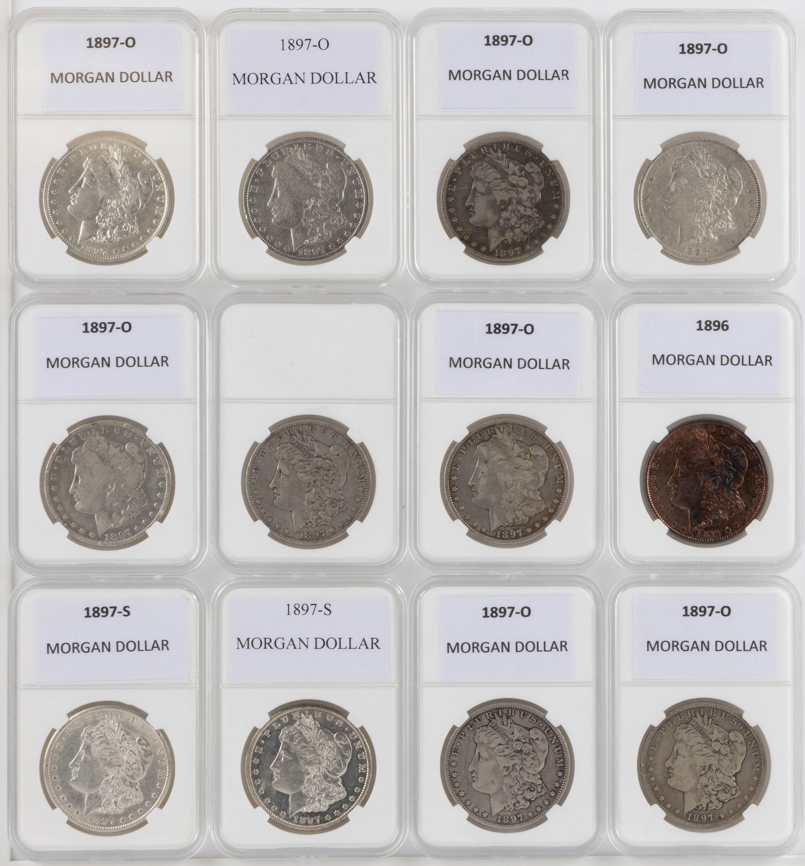 ASSORTED UNITED STATES MORGAN SILVER DOLLAR COINS, LOT OF 12 (1 of 2)