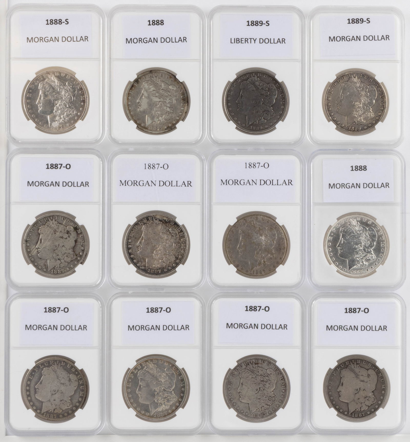 ASSORTED UNITED STATES MORGAN SILVER DOLLAR COINS, LOT OF 12 (1 of 2)