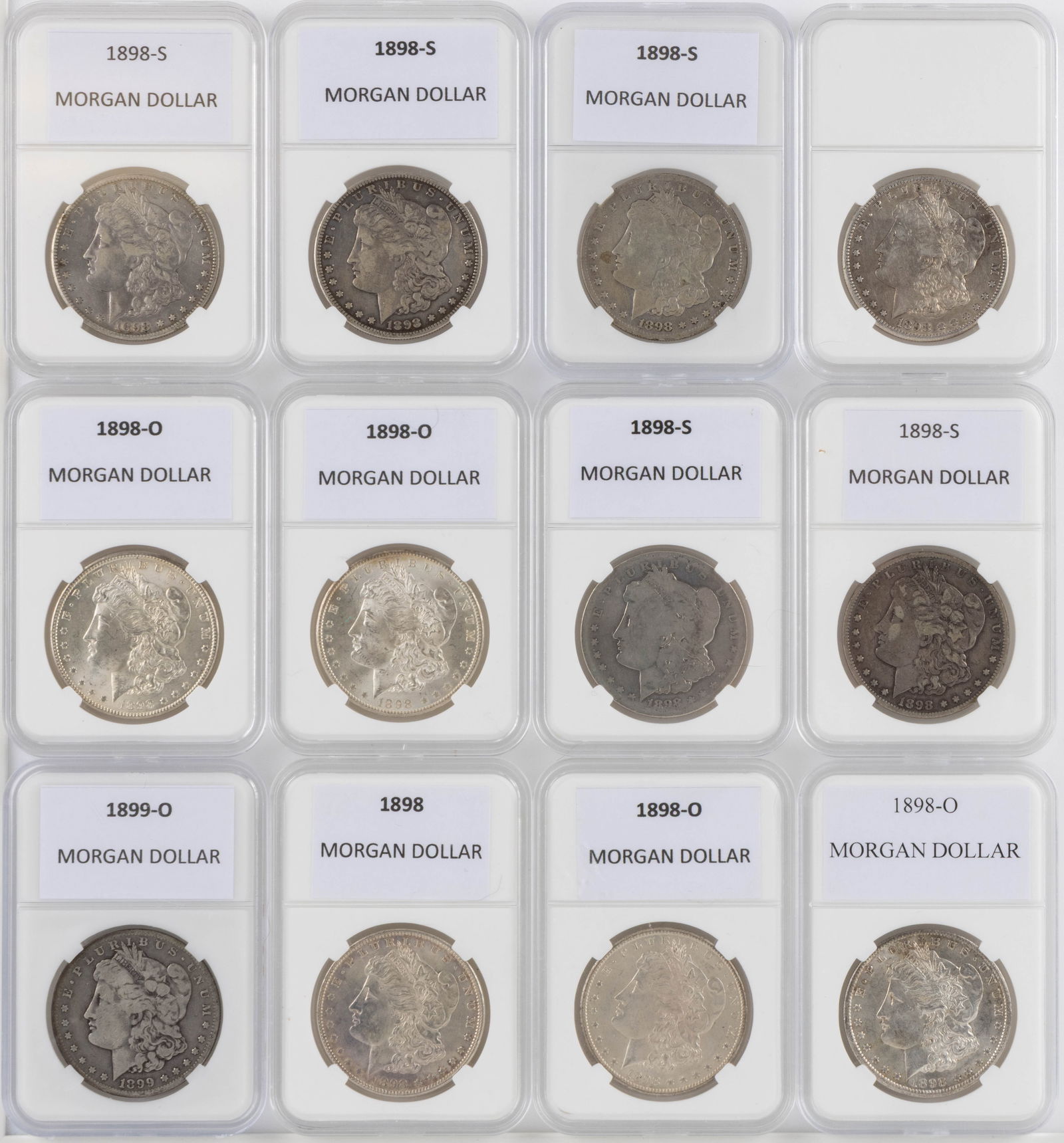 ASSORTED UNITED STATES MORGAN SILVER DOLLAR COINS, LOT OF 12 (1 of 2)