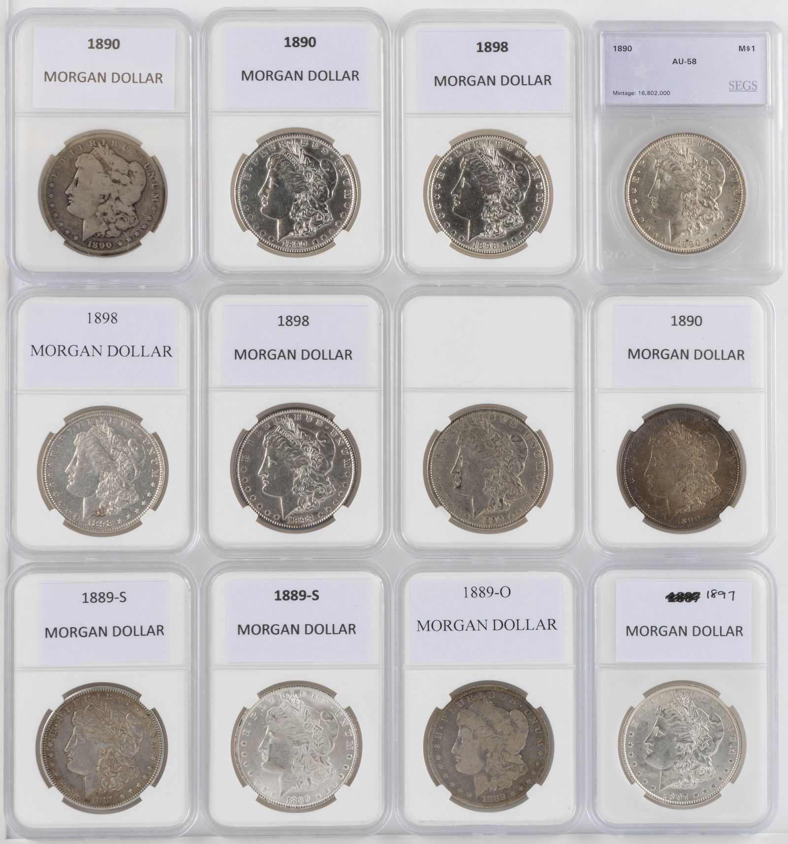 ASSORTED UNITED STATES MORGAN SILVER DOLLAR COINS, LOT OF 12 (1 of 2)