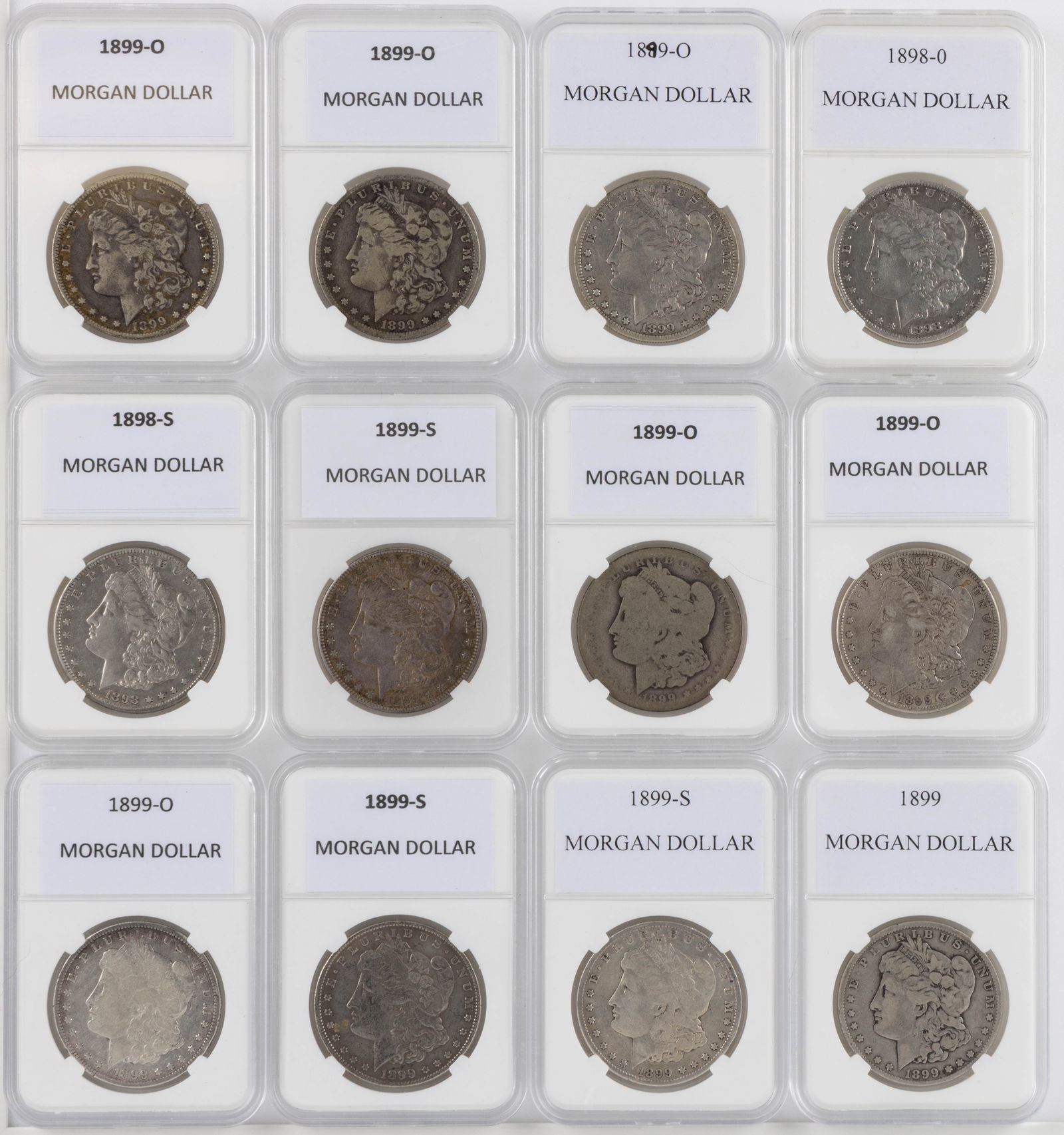 ASSORTED UNITED STATES MORGAN SILVER DOLLAR COINS, LOT OF 12 (1 of 2)