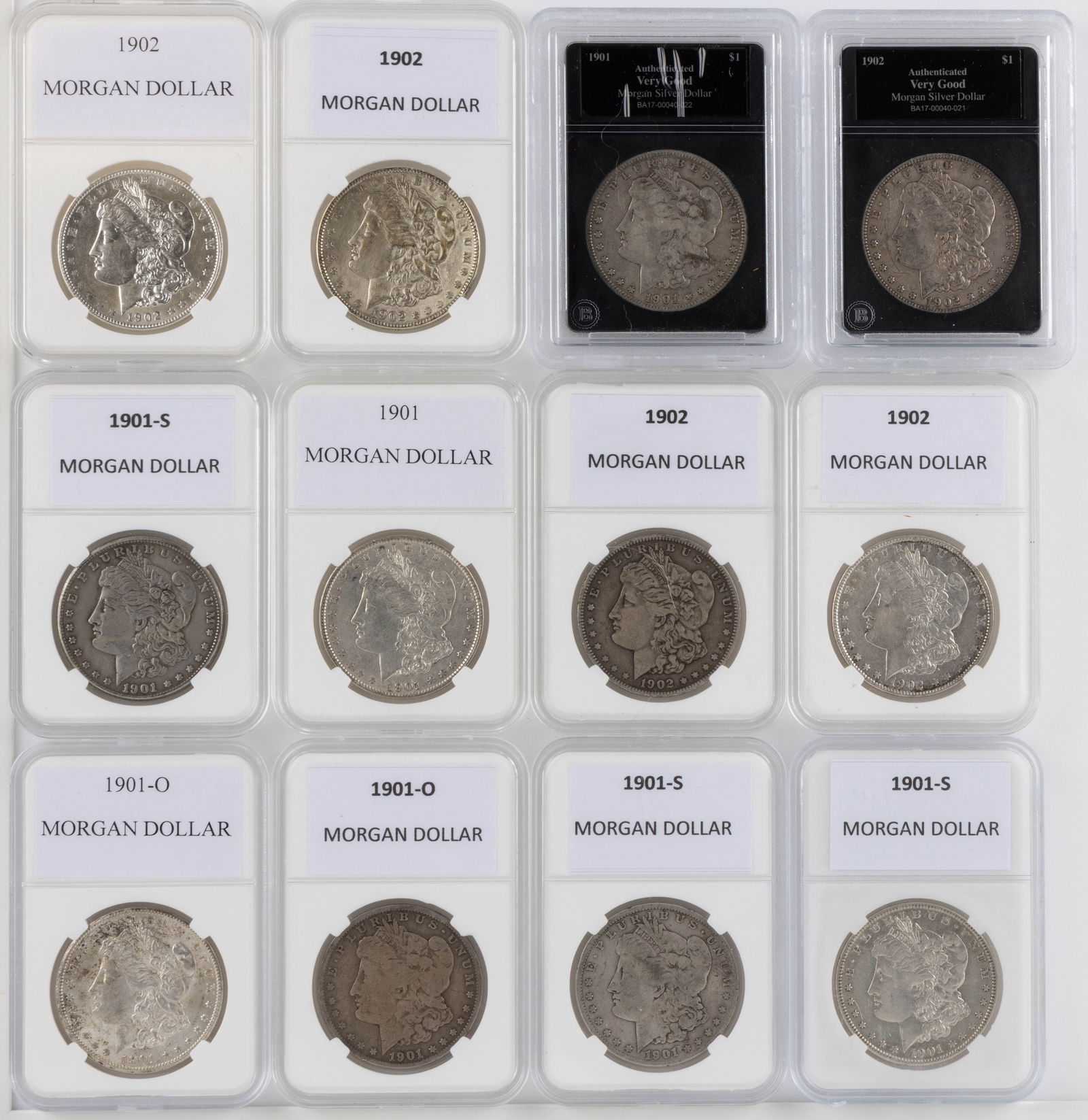 ASSORTED UNITED STATES MORGAN SILVER DOLLAR COINS, LOT OF 12: ASSORTED UNITED STATES MORGAN SILVER DOLLAR COINS, LOT OF 12, comprising one 1901, three 1901-S, three 1901-O, and five 1902, each housed in a plastic presentation case. Provenance: From the collecti