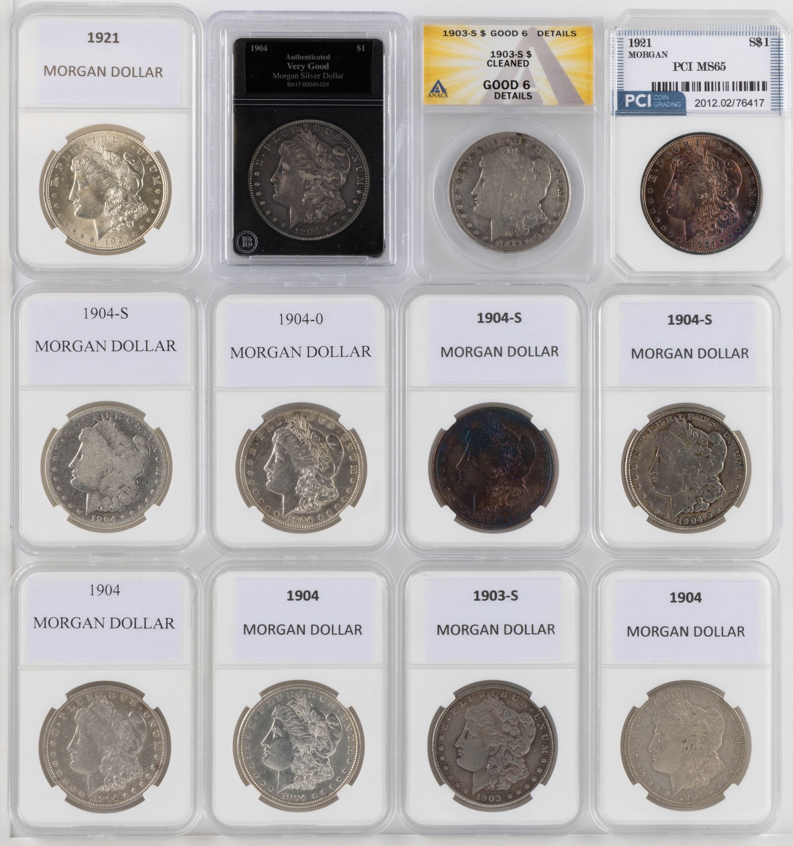 ASSORTED UNITED STATES MORGAN SILVER DOLLAR COINS, LOT OF 12 (1 of 2)