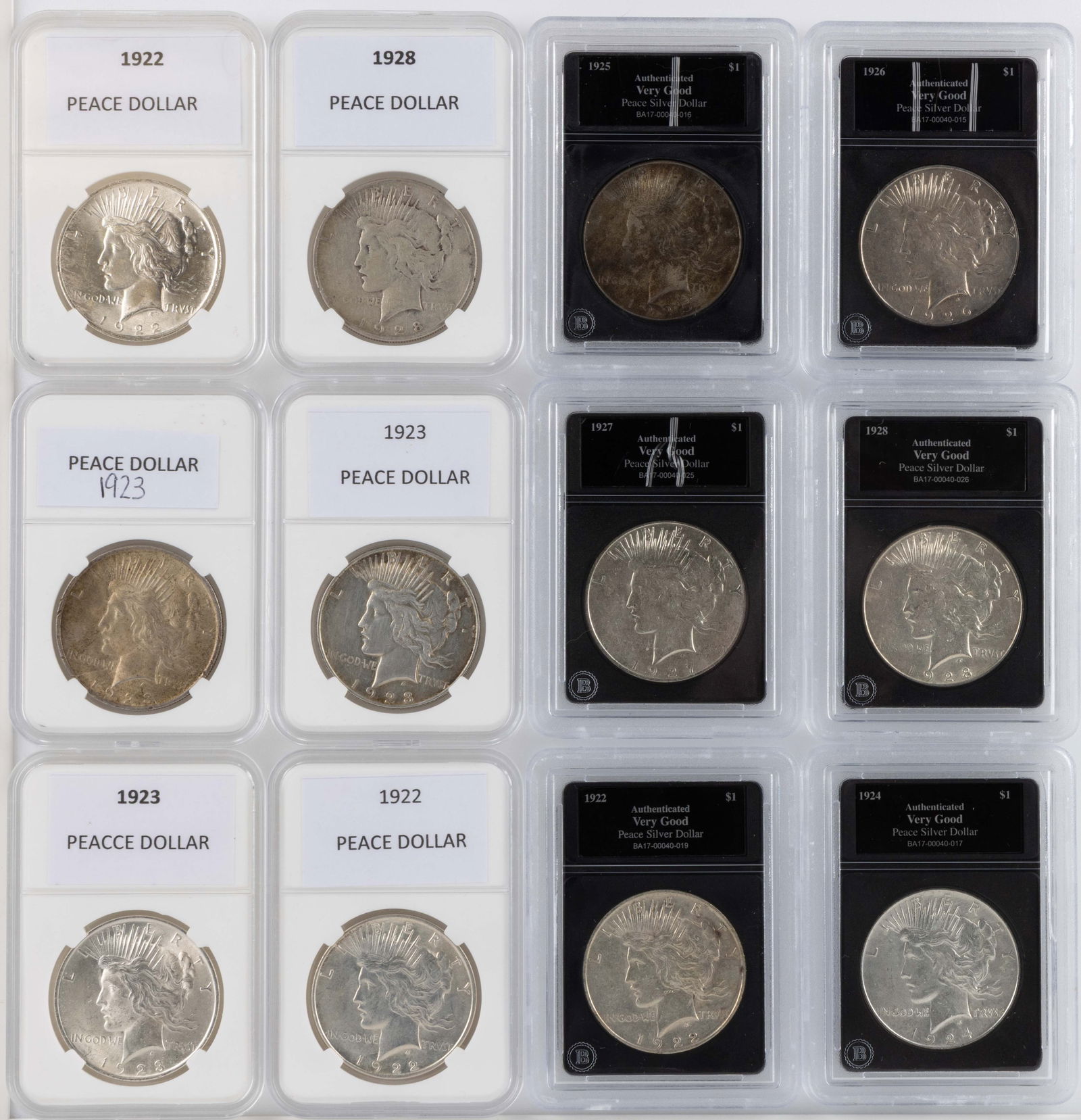 ASSORTED UNITED STATES SILVER PEACE DOLLAR COINS, LOT OF 12: ASSORTED UNITED STATES SILVER PEACE DOLLAR COINS, LOT OF 12, comprising two 1922, one 1922-D, two 1923, one 1923-D, one 1924, one 1925, one 1926-S, one 1927-S, and two 1928-S, each housed in a pl