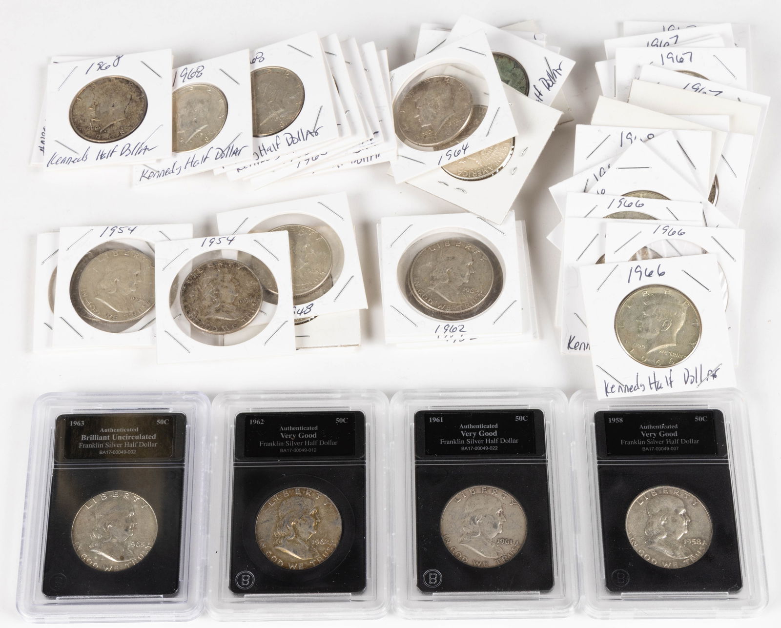 ASSORTED UNITED STATES SILVER AND SILVER-CLAD HALF DOLLAR COINS, LOT OF 50 (1 of 1)