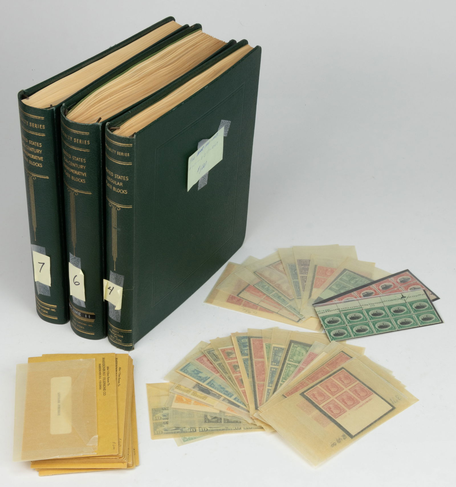 UNITED STATES PLATE BLOCK POSTAGE STAMPS IN THREE ALBUMS AND A BAG (1 of 7)