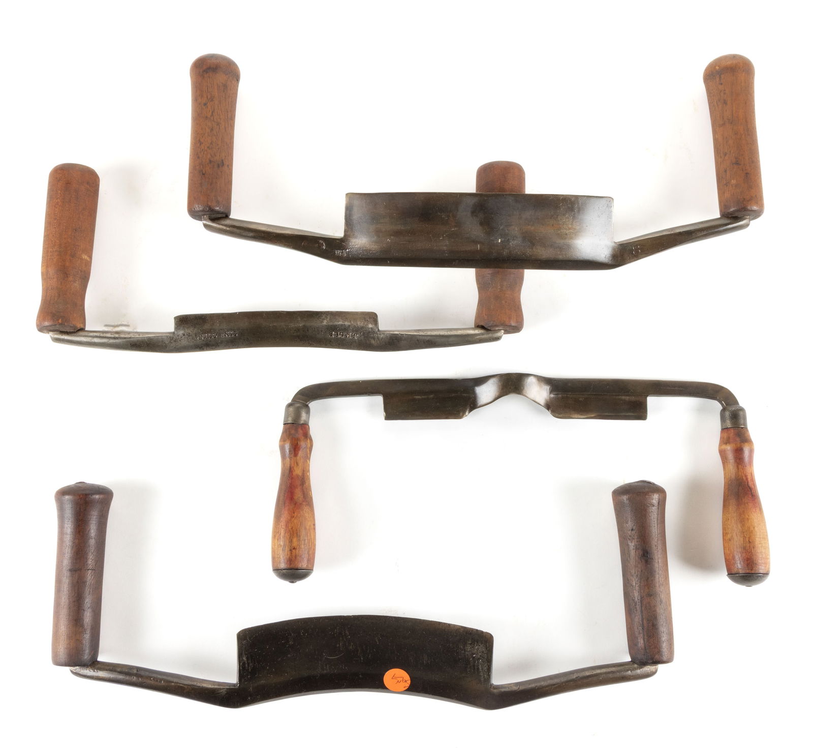 ASSORTED SIGNED MANUFACTURERS COOPER AND CARRIAGE / COACH SHAPED DRAW KNIVES, LOT OF FOUR: ASSORTED SIGNED MANUFACTURERS COOPER AND CARRIAGE / COACH SHAPED DRAW KNIVES, LOT OF FOUR, comprising of two examples stamped for D. R. Barton, each with a 16" frame, 7" and 7 3/4&