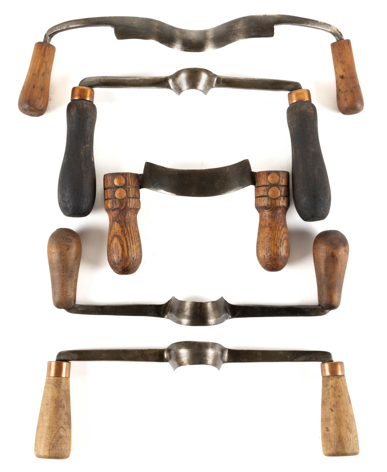 ASSORTED FORGED CHAIRMAKER AND COOPER CURVED DRAW KNIVES / SHAVES, LOT OF FIVE (1 of 1)