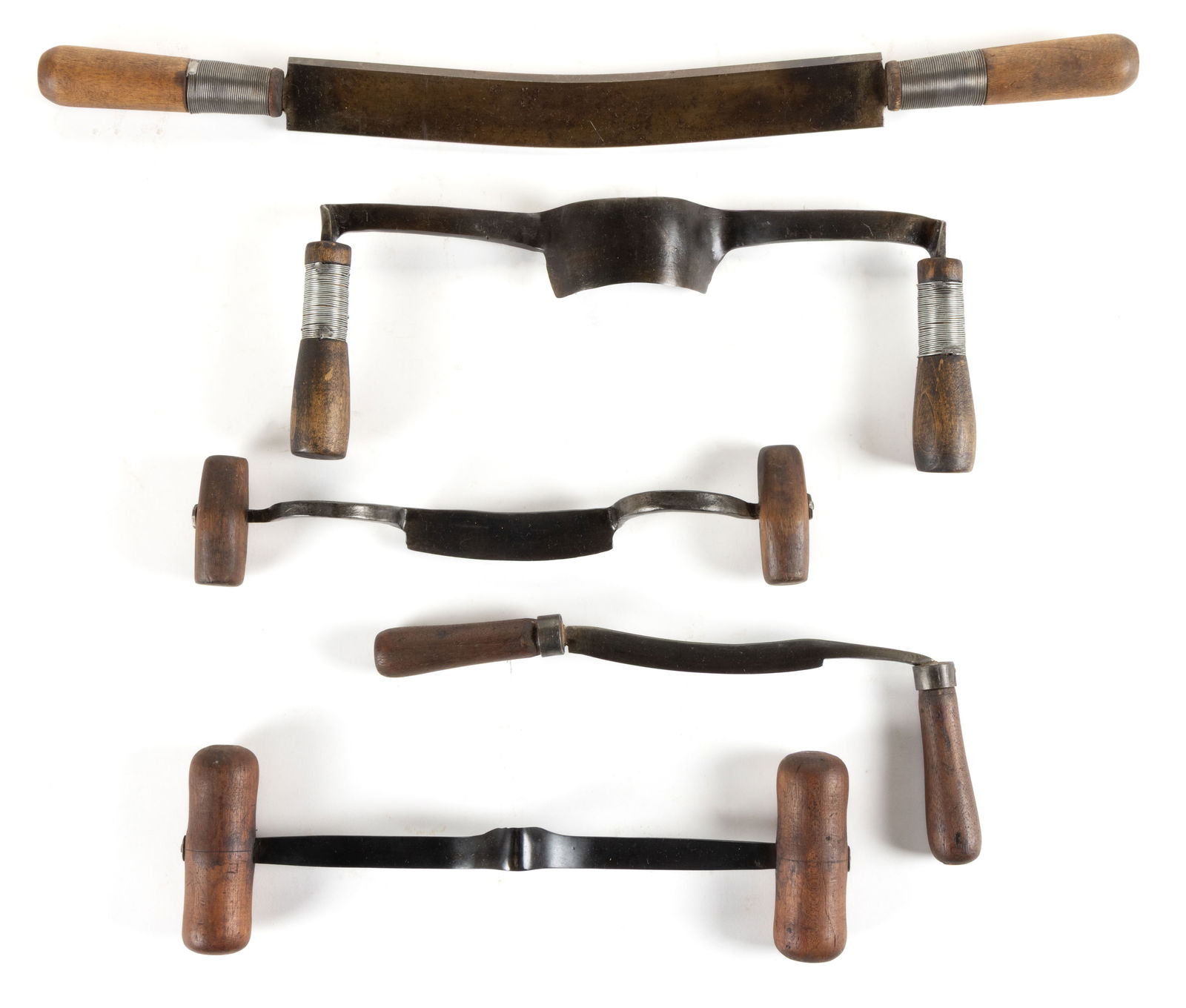 ASSORTED FORGED COOPER CURVED DRAW KNIVES / SHAVES, LOT OF FIVE (1 of 1)