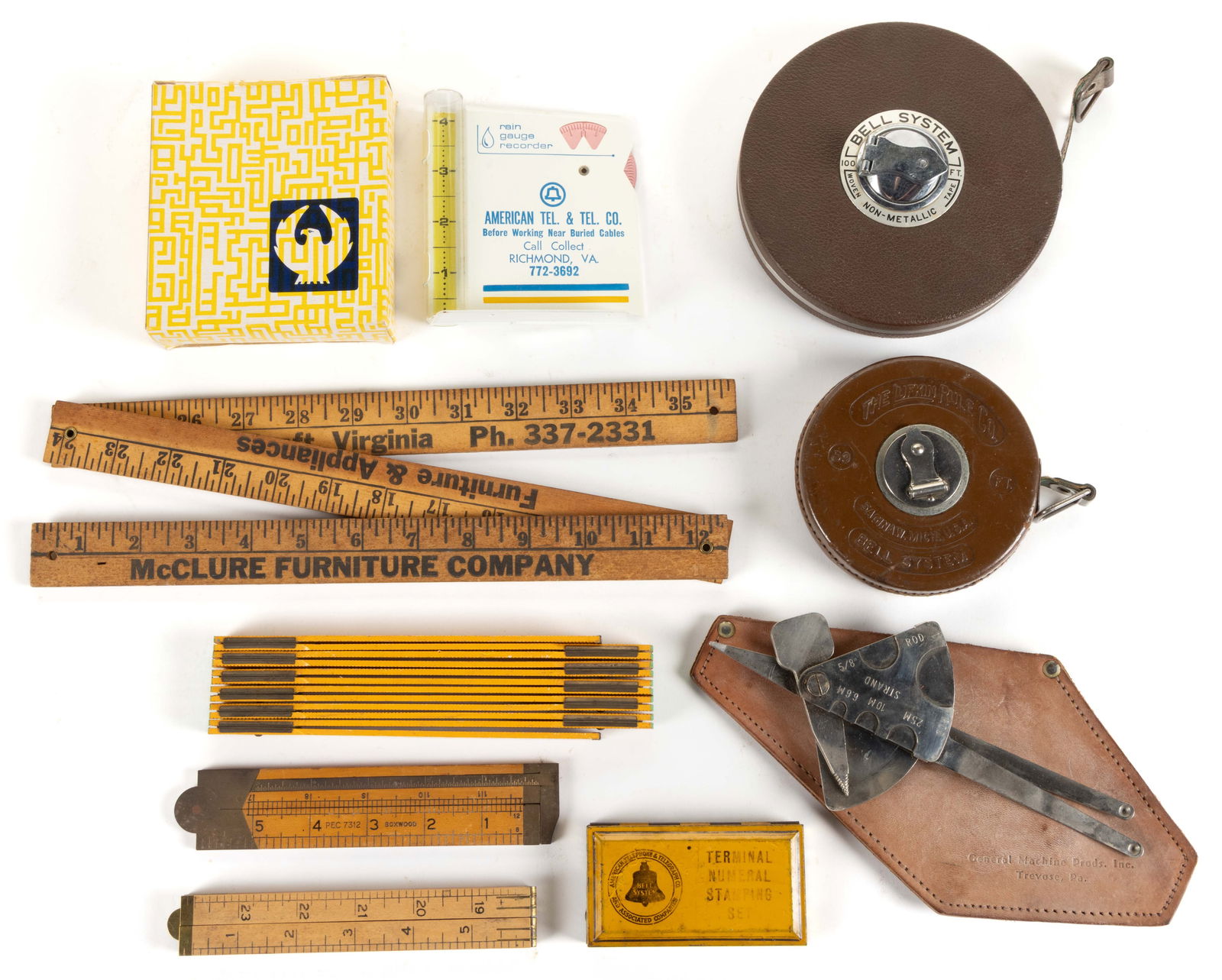 ASSORTED MANUFACTURERS "BELL SYSTEM" AND OTHER ADVERTISING MEASURING / MARKING ARTICLES, LOT OF NINE (1 of 1)