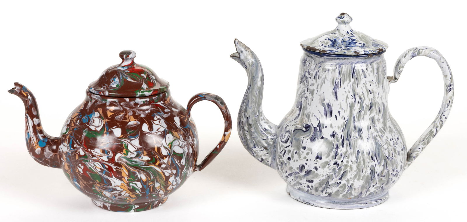 GRANITEWARE / ENAMELWARE END-OF-DAY TEAPOTS, LOT OF TWO (1 of 5)