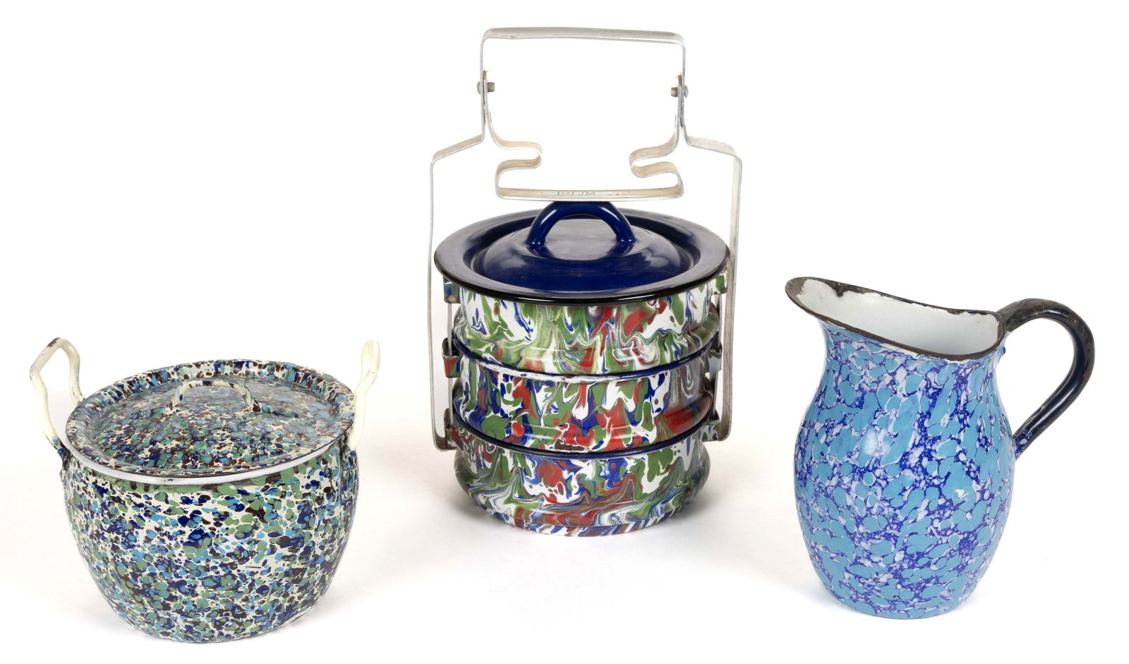 GRANITEWARE / ENAMELWARE END-OF-DAY ARTICLES, LOT OF THREE (1 of 4)