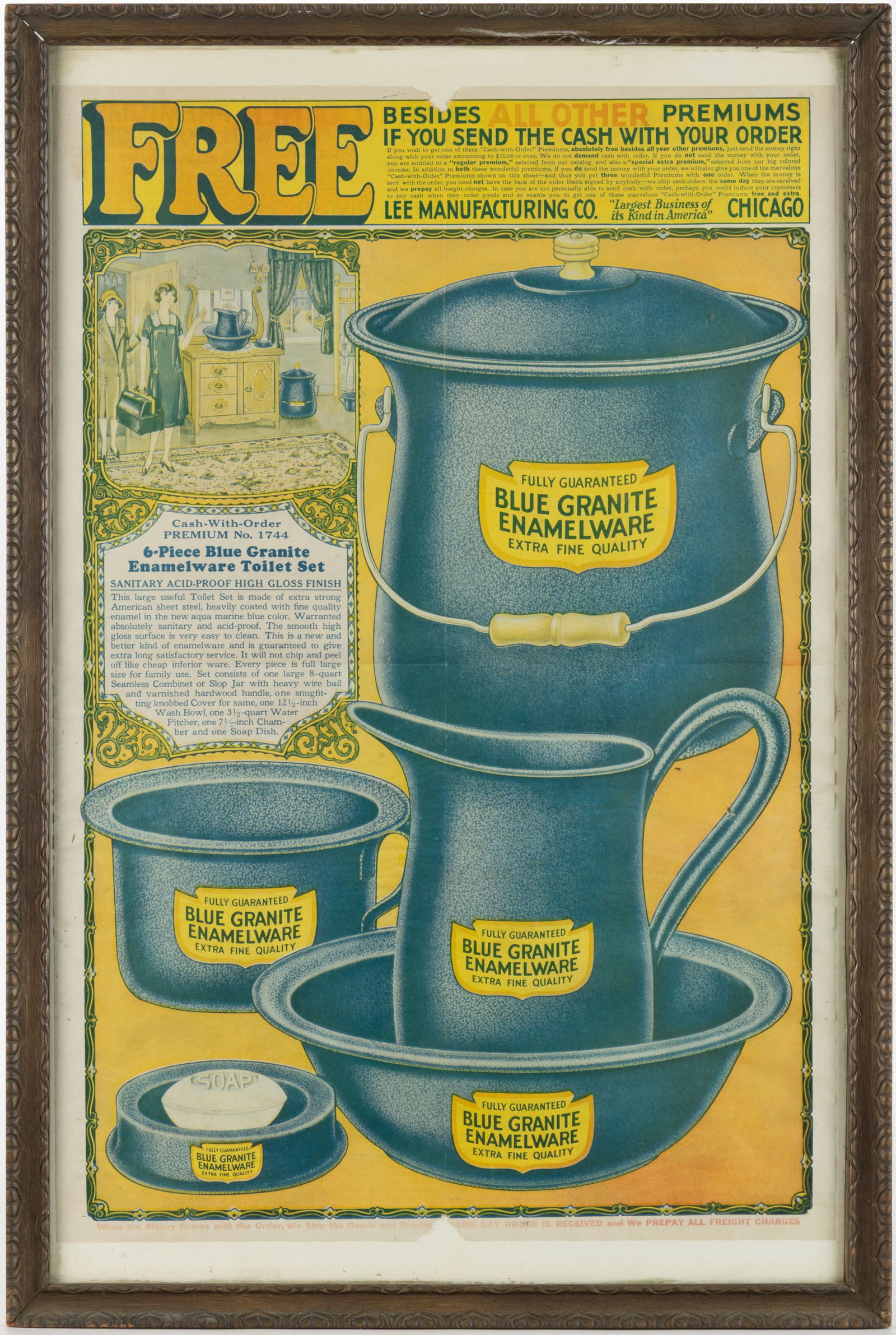 LEE MANUFACTURING CO., CHICAGO, ILLINOIS, GRANITEWARE / ENAMELWARE TOILET SET ADVERTISEMENT / POSTER (1 of 3)
