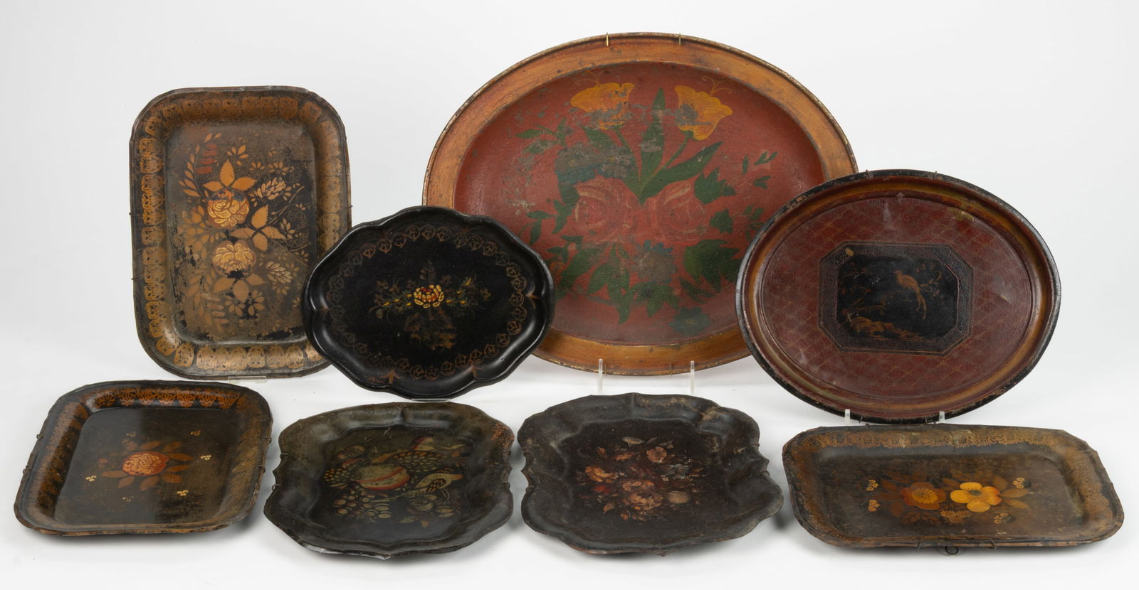 ASSORTED FOLK ART PAINT-DECORATED DIMINUTIVE TOLEWARE TRAYS, LOT OF EIGHT (1 of 2)
