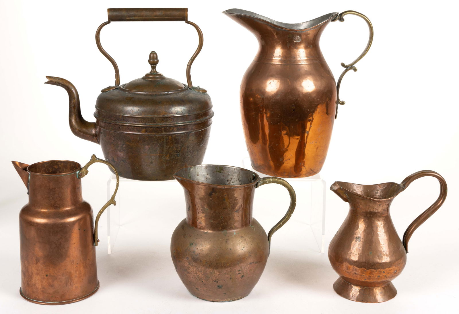 ASSORTED EUROPEAN AND OTHER COPPER PITCHERS AND TEA POT, LOT OF FIVE (1 of 1)