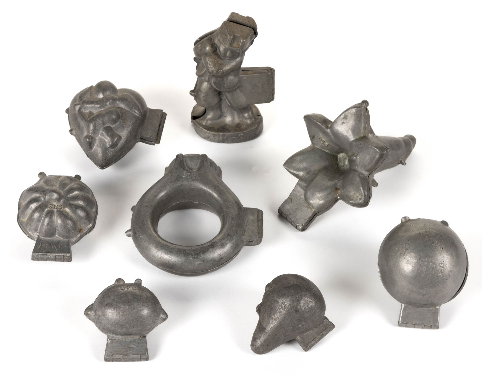 ASSORTED PEWTER FIGURAL CHOCOLATE / ICE CREAM MOLDS, LOT OF EIGHT (1 of 2)