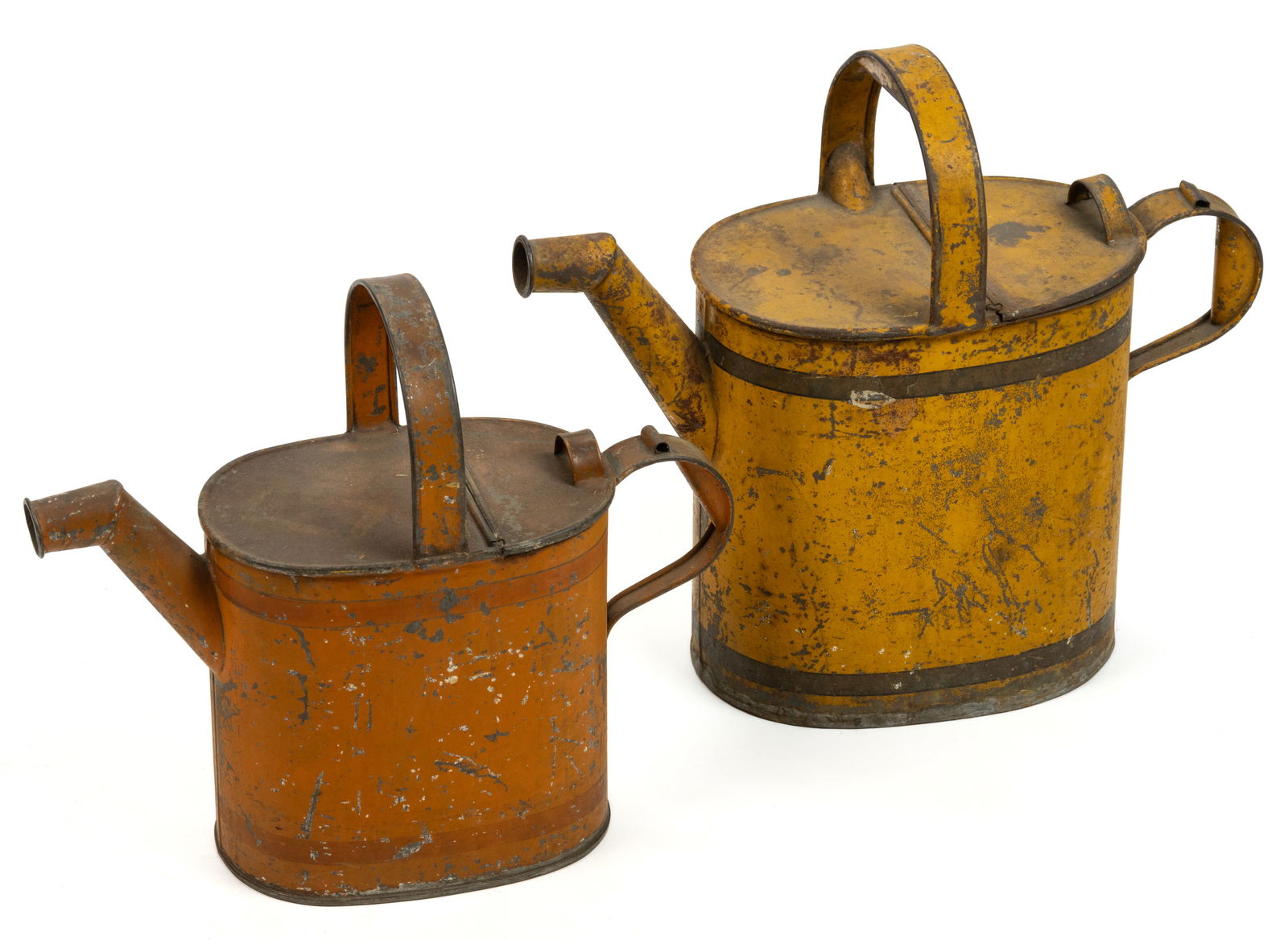 COUNTRY PAINTED SHEET-IRON WATERING CANS, LOT OF TWO (1 of 2)