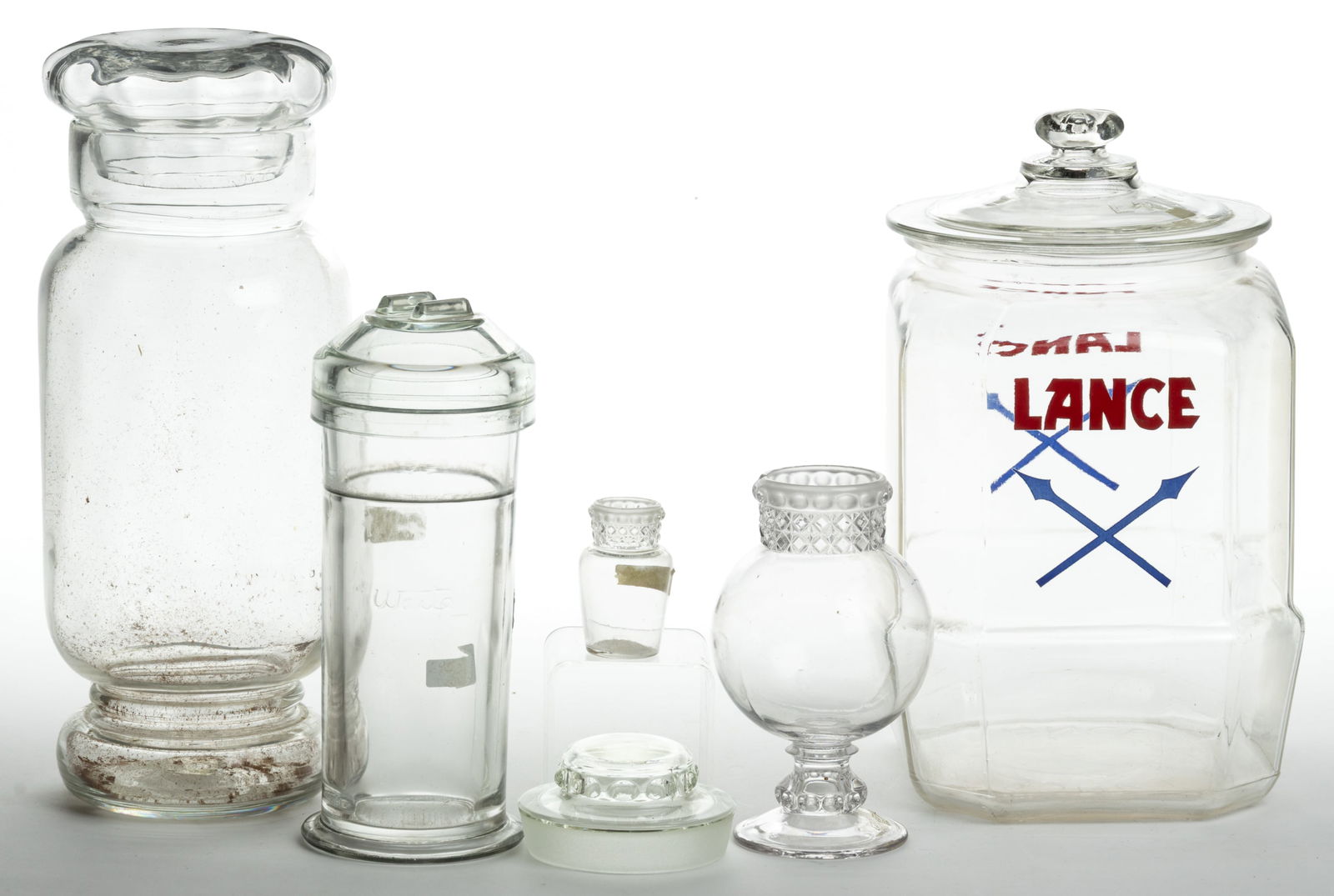 ASSORTED GLASS COUNTRY STORE / MEDICAL JARS AND PARTS, LOT OF SIX (1 of 1)