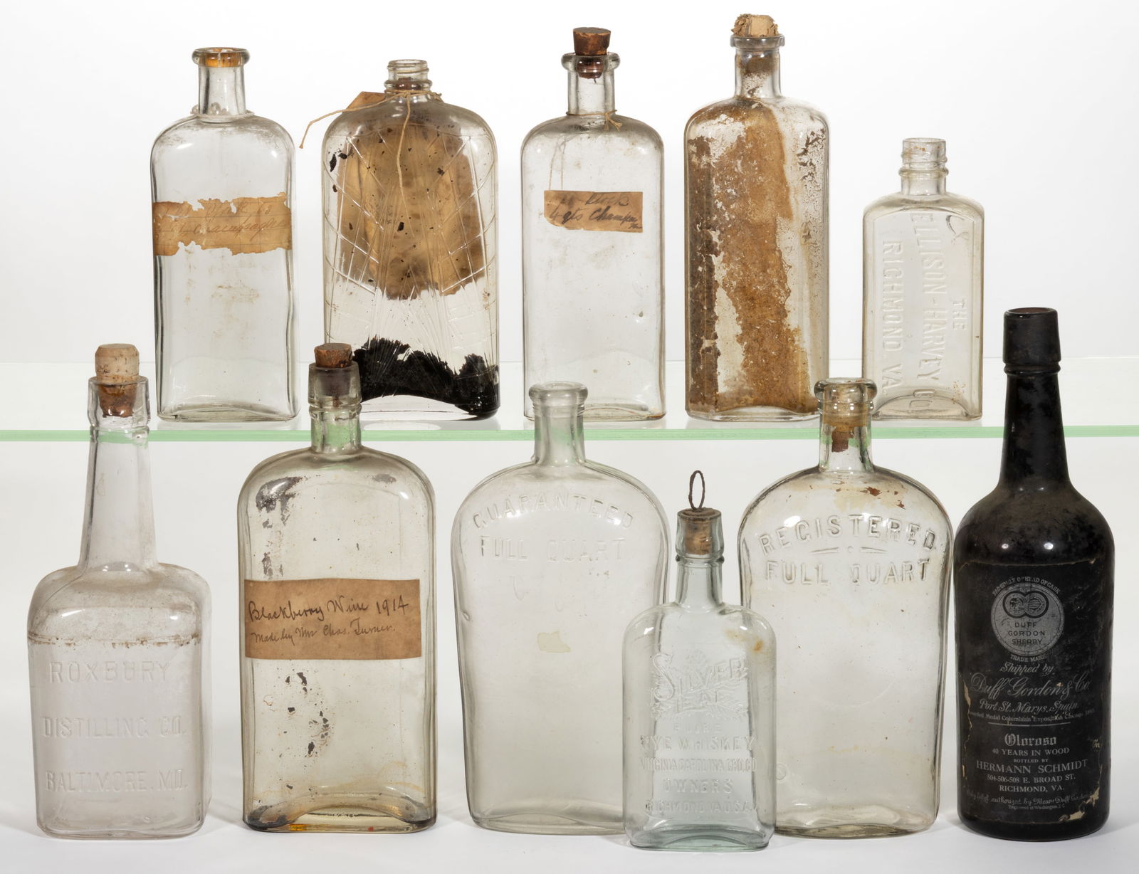 VIRGINIA, MARYLAND, AND OTHER WHISKEY / LIQUOR BOTTLES AND FLASKS, LOT OF 11 (1 of 1)