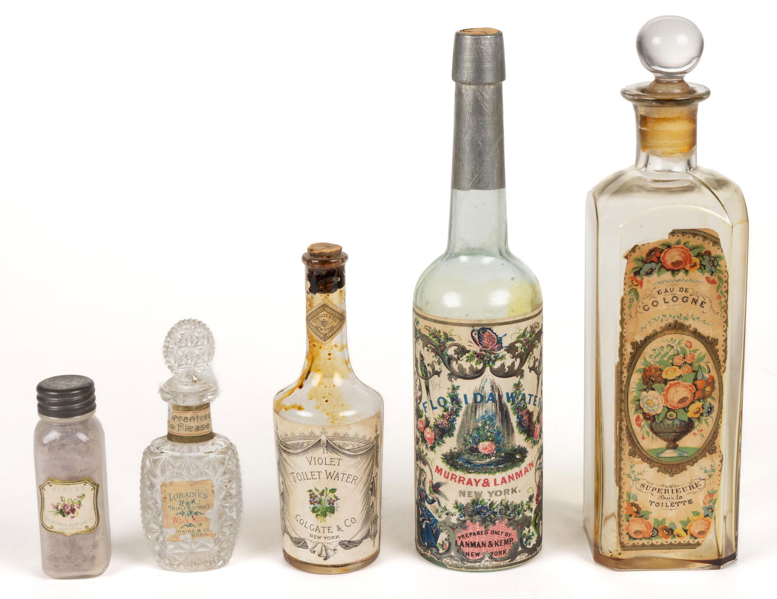 ANTIQUE COMMERCIAL TOILETRY BOTTLES WITH ORIGINAL LABELS, LOT OF FIVE (1 of 1)