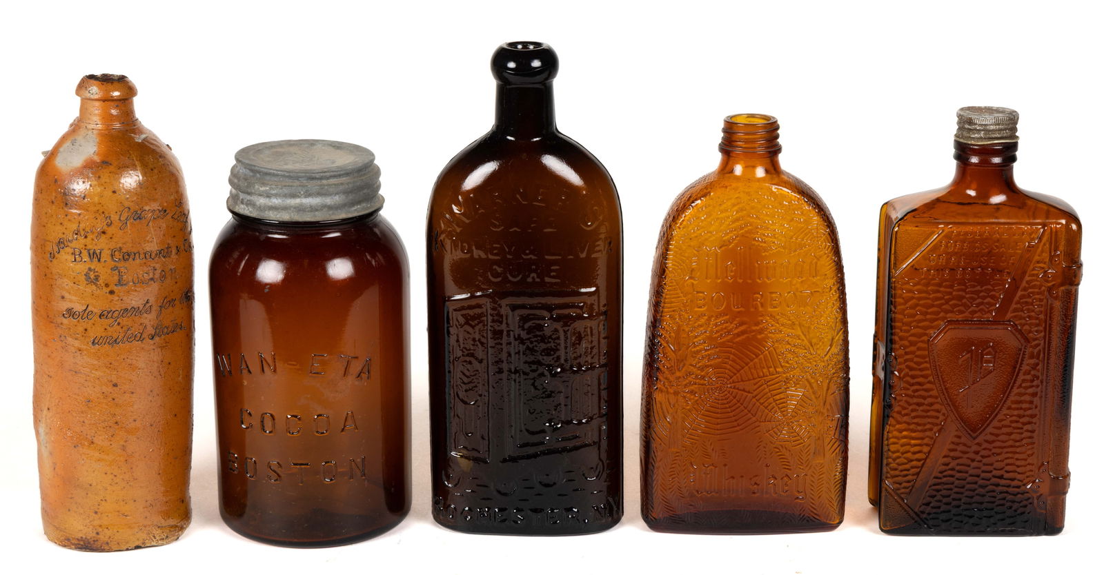 ASSORTED GLASS AND POTTERY BOTTLES / JARS, LOT OF FIVE (1 of 1)