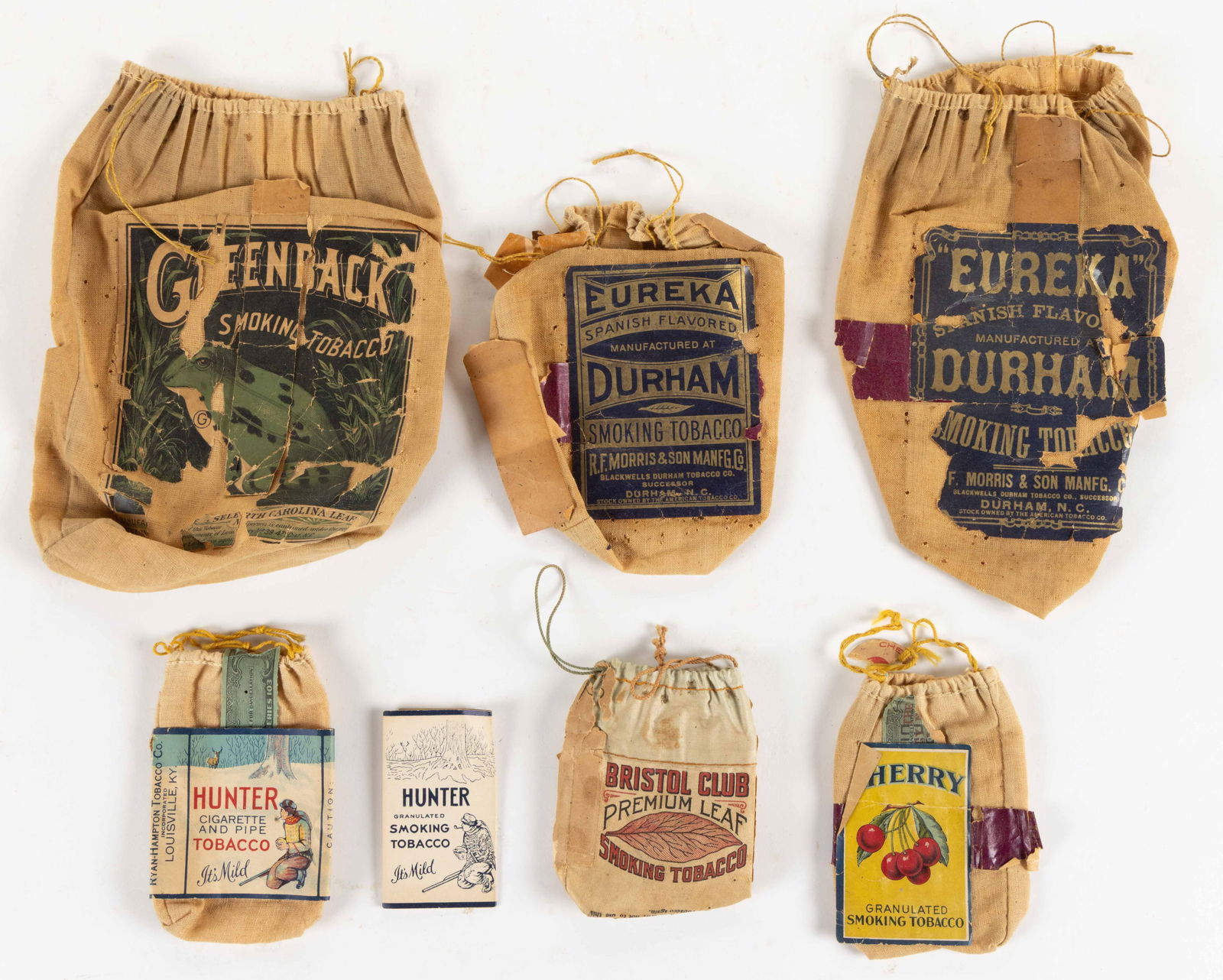 ASSORTED AMERICAN TOBACCO POUCHES / BAGS, LOT OF SIX: ASSORTED AMERICAN TOBACCO POUCHES / BAGS, LOT OF SIX, mostly East Coast companies including North Carolina and Kentucky, brands including "Bristol Club", "Hunter" (which retai