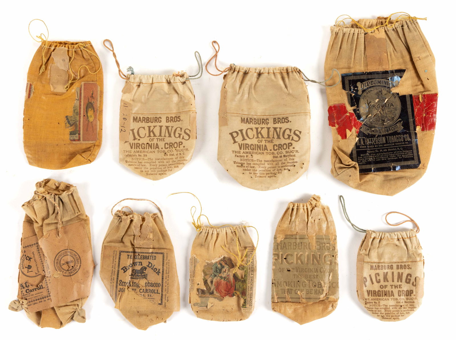 ASSORTED VIRGINIA TOBACCO POUCHES / BAGS, LOT OF NINE: ASSORTED VIRGINIA TOBACCO POUCHES / BAGS, LOT OF NINE, including several Lynchburg, VA examples including a "The Celebrated Brown Dick" example by John W. Carroll; an "Old Dominion"