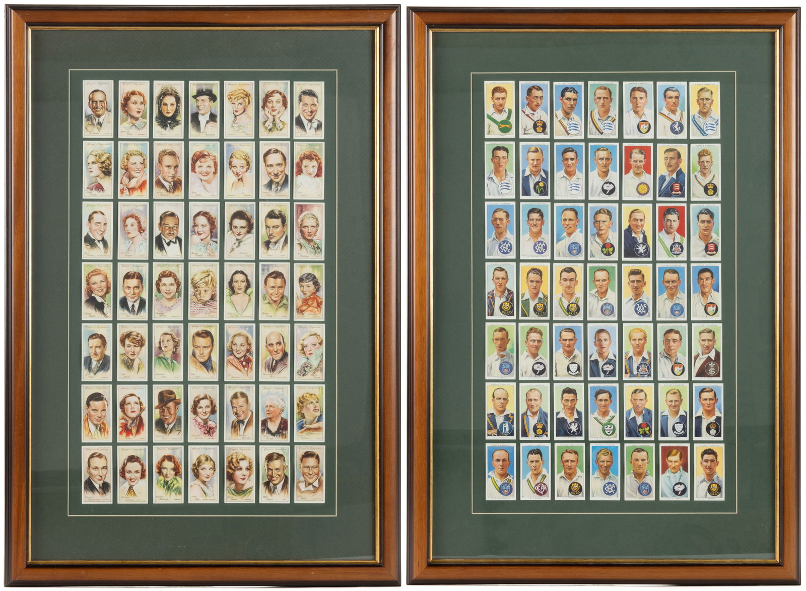 PLAYER'S CIGARETTES TOBACCO CARD COLLECTION IN TWO FRAMES: PLAYER'S CIGARETTES TOBACCO CARD COLLECTION IN TWO FRAMES, comprising a grouping of 49 showing movie stars, and 49 showing English sport's players. Each are housed under glass in matching cont
