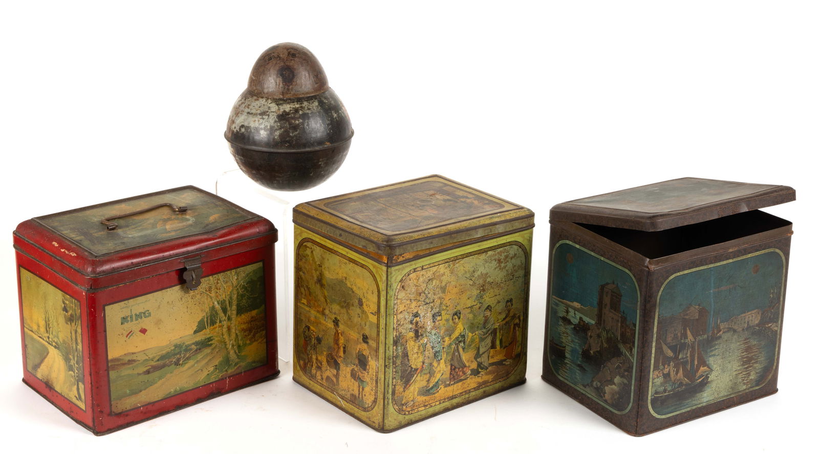 ASSORTED TIN LITHOGRAPHED BISCUIT AND TOBACCO TINS, LOT OF FOUR (1 of 3)