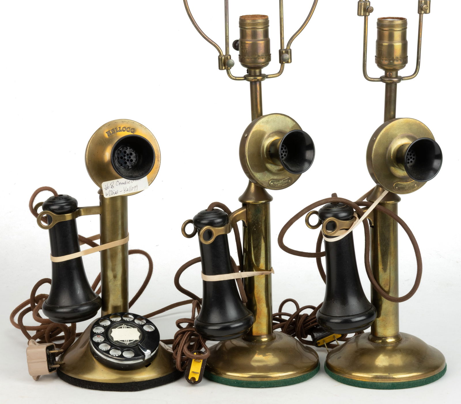 WESTERN ELECTRIC / KELLOGG S & S CO. VINTAGE BRASS CANDLESTICK DESK / TABLE TELEPHONES, LOT OF THREE (1 of 2)