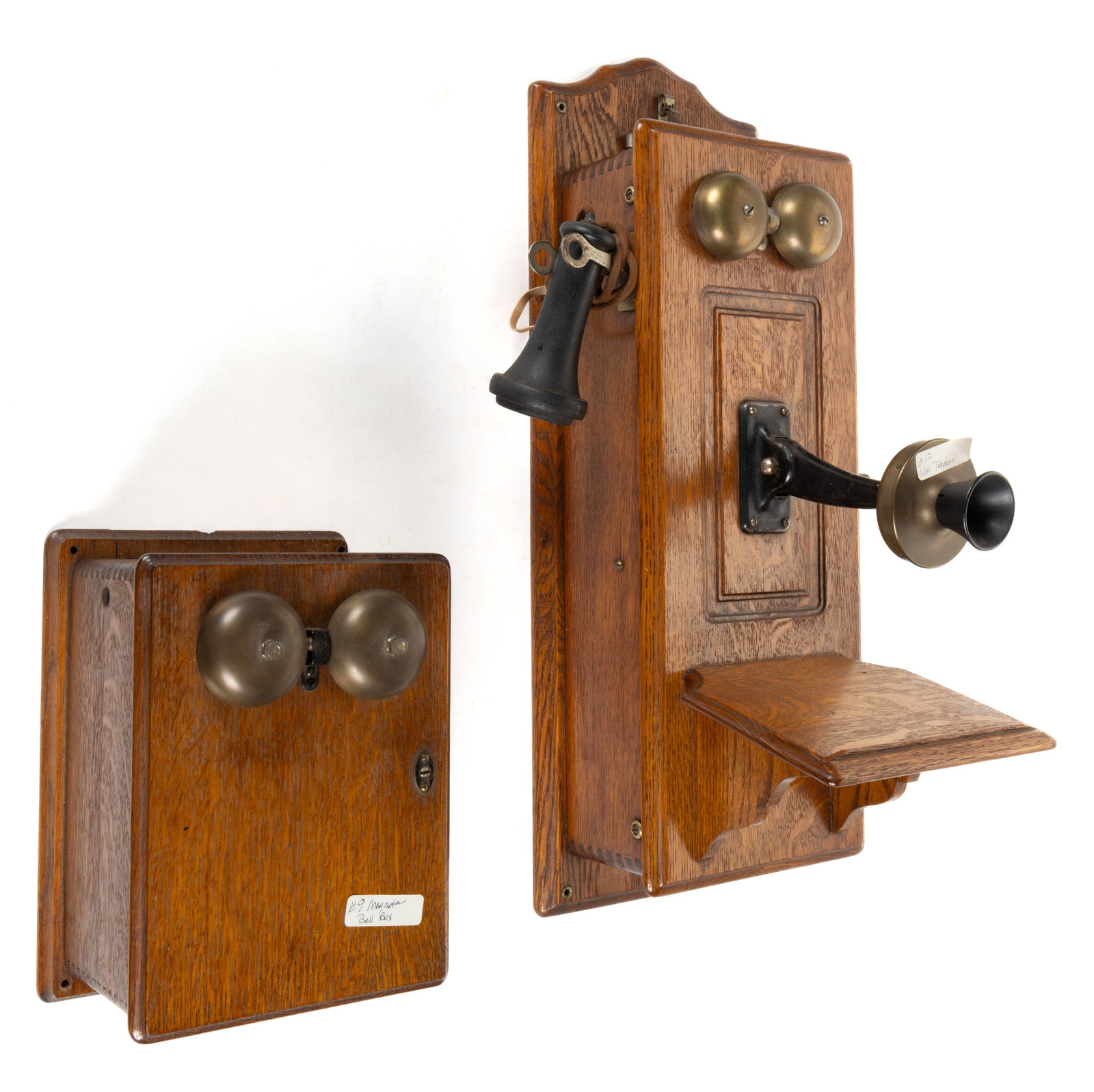 KELLOGG ANTIQUE OAK HAND-CRANK WALL TELEPHONE AND MAGNETO RINGER BOX, LOT OF TWO (1 of 4)