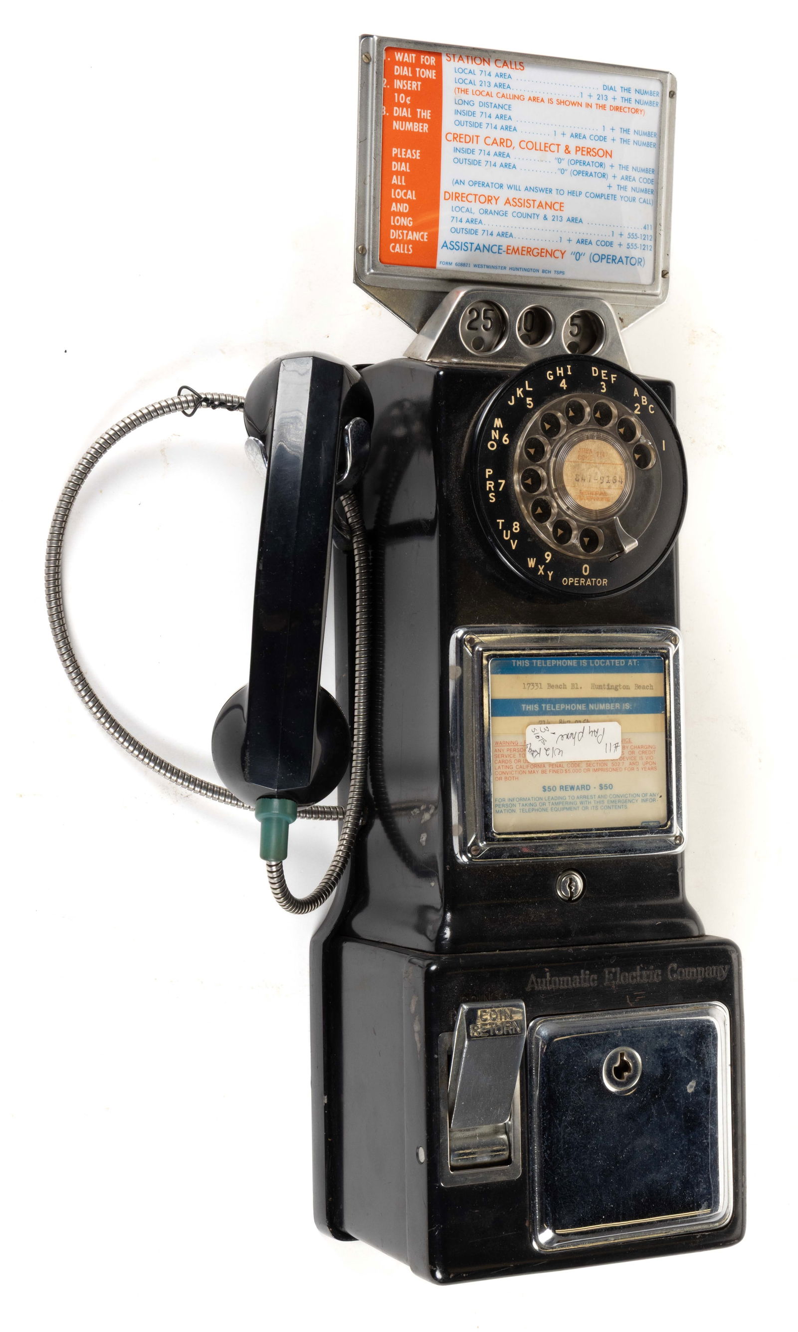 AUTOMATIC ELECTRIC CO. VINTAGE METAL WALL MOUNT PAY ROTARY DIAL TELEPHONE (1 of 4)