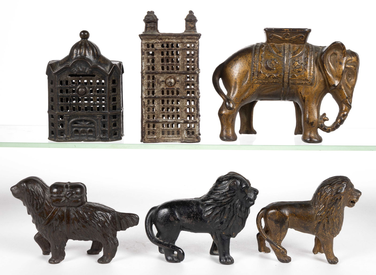 ASSORTED CAST-IRON FIGURAL STILL / PENNY BANKS, LOT OF SIX (1 of 2)