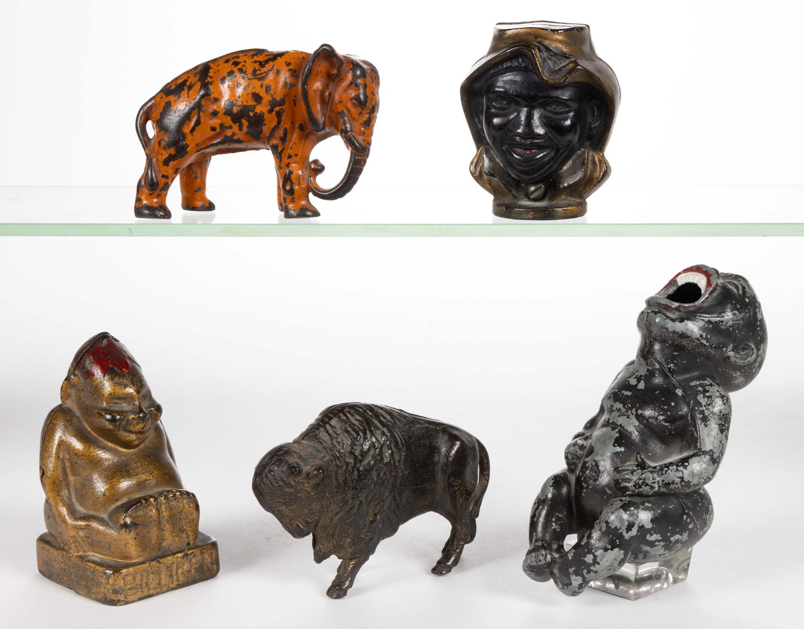 ASSORTED CAST-IRON FIGURAL STILL / PENNY BANKS AND ASHTRAY, LOT OF FIVE (1 of 2)