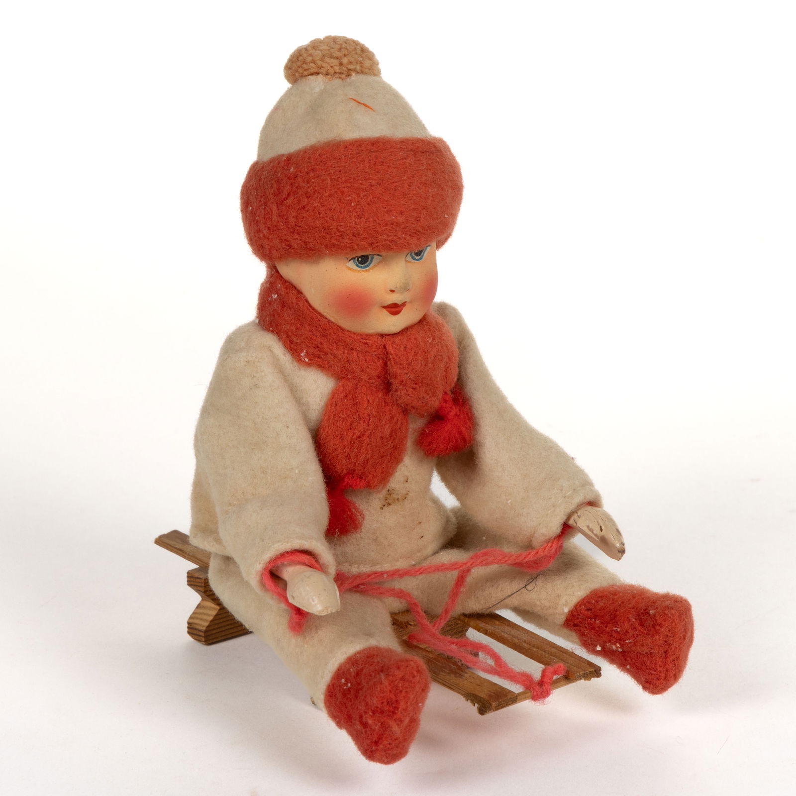 VINTAGE GERMAN PAPER MACHE FIGURAL CHILD ON SLEIGH CANDY CONTAINER (1 of 4)