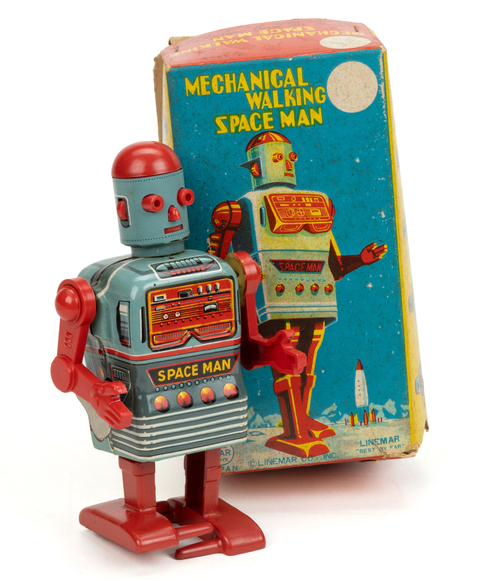 LINEMAR TIN LITHOGRAPHED MECHANICAL WALKING SPACE MAN WITH BOX (1 of 2)