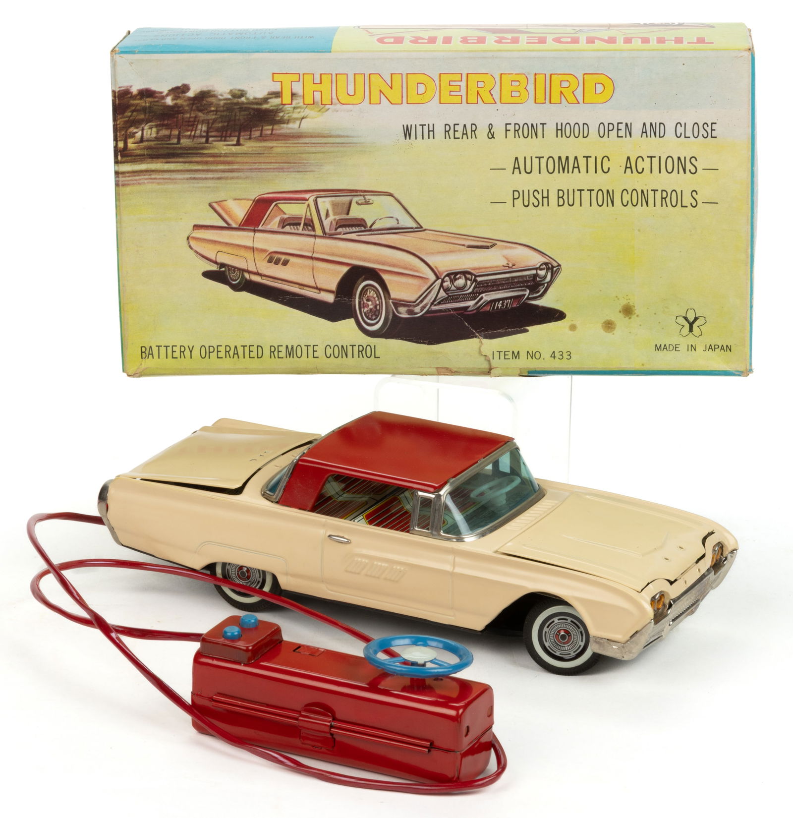 YONEZAWA TIN LITHOGRAPH FORD THUNDERBIRD BATTERY AND REMOTE CONTROL TOY CAR (1 of 2)