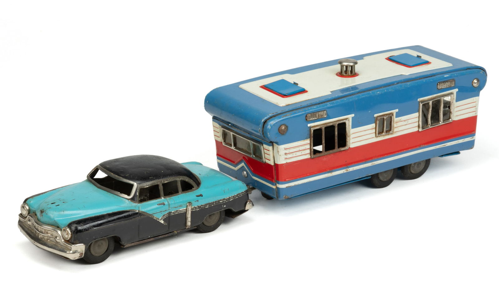 JAPANESE TIN LITHOGRAPH FRICTION-OPERATED CAR WITH CAMPER TOYS, LOT OF TWO (1 of 2)