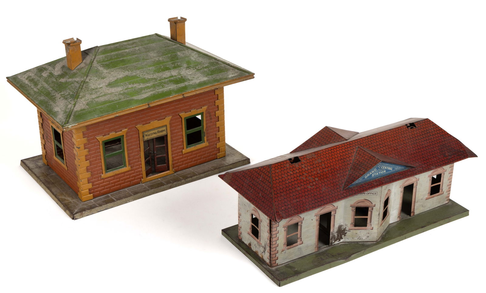 BING / LIONEL MODEL TRAIN PRESSED-STEEL STATION AND WAITING ROOM, LOT OF TWO (1 of 2)