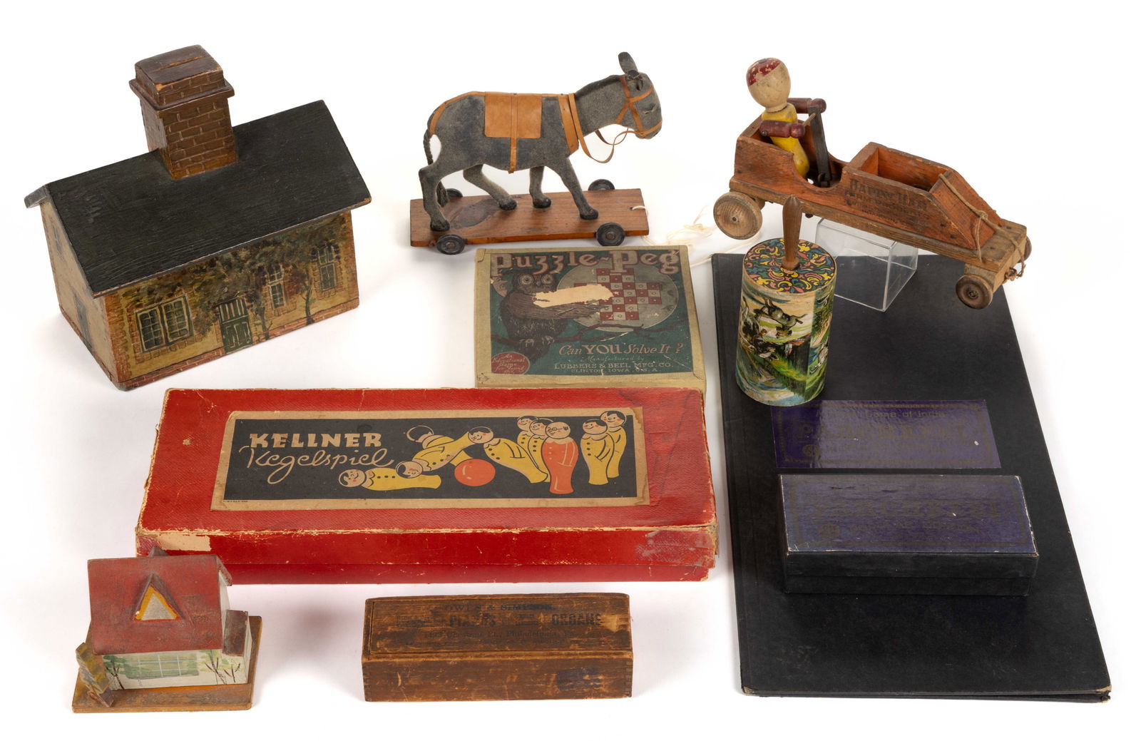 ASSORTED WOODEN AND LITHOGRAPHED CHILDREN'S TOYS / GAMES, UNCOUNTED LOT (1 of 6)