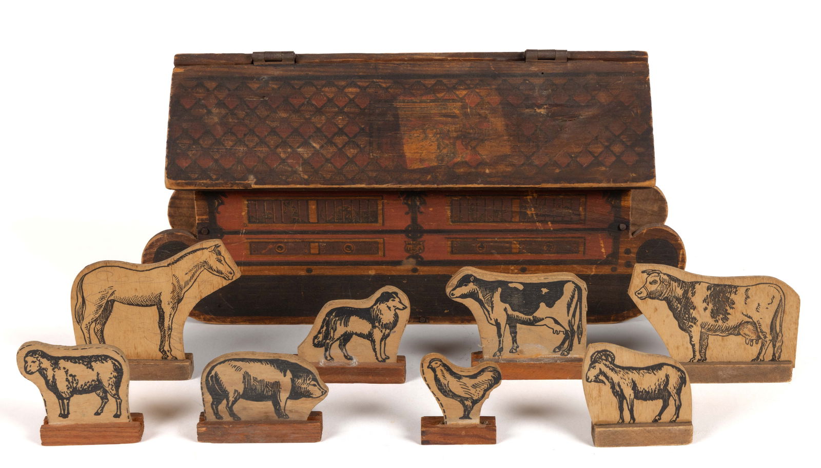 AMERICAN PRINTED WOOD NOAH'S ARK TOY SET, LOT OF NINE PIECES (1 of 3)