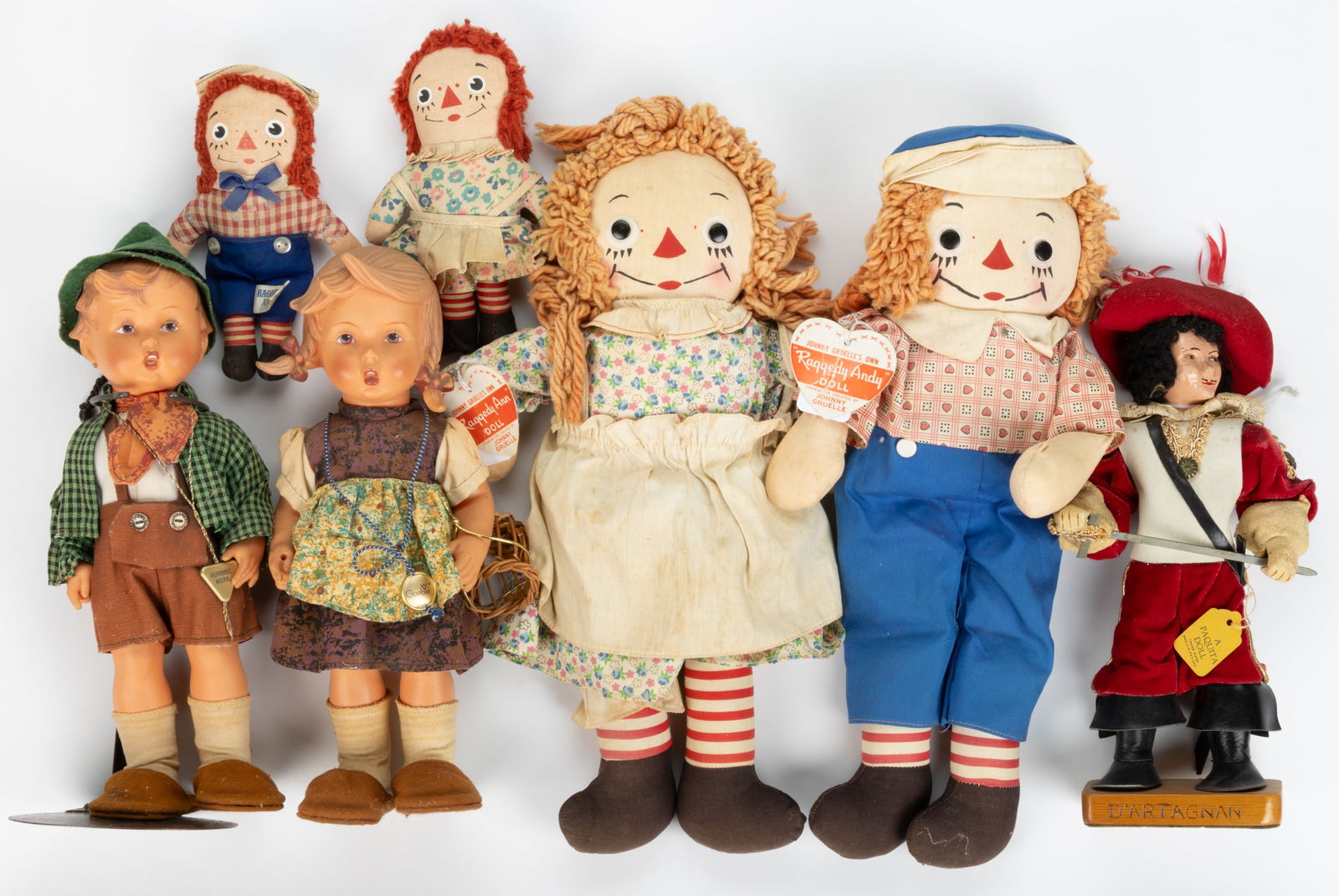 ASSORTED CHILD'S STORY-BOOK CHARACTER PAIRS OF CLOTH, COMPOSITION AND RUBBER DOLLS, LOT OF SEVEN (1 of 2)