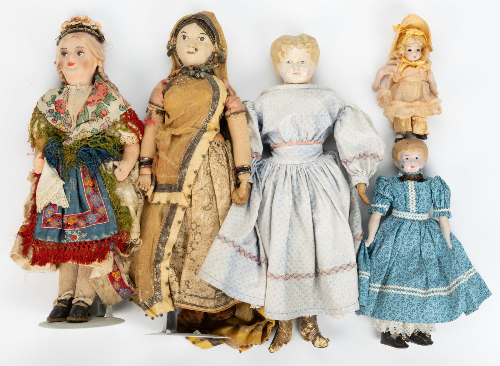 VINTAGE ASSORTED MATERIAL-HEAD DOLLS, LOT OF FIVE (1 of 3)