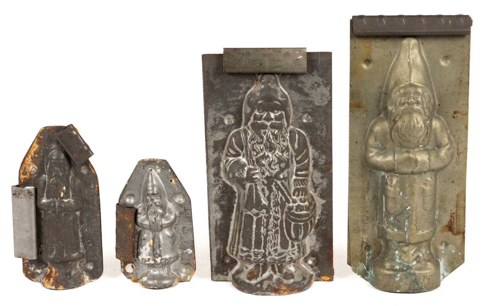 ASSORTED CHRISTMAS SANTA CLAUS / BELSNICKEL METAL CHOCOLATE MOLDS, LOT OF FOUR (1 of 2)