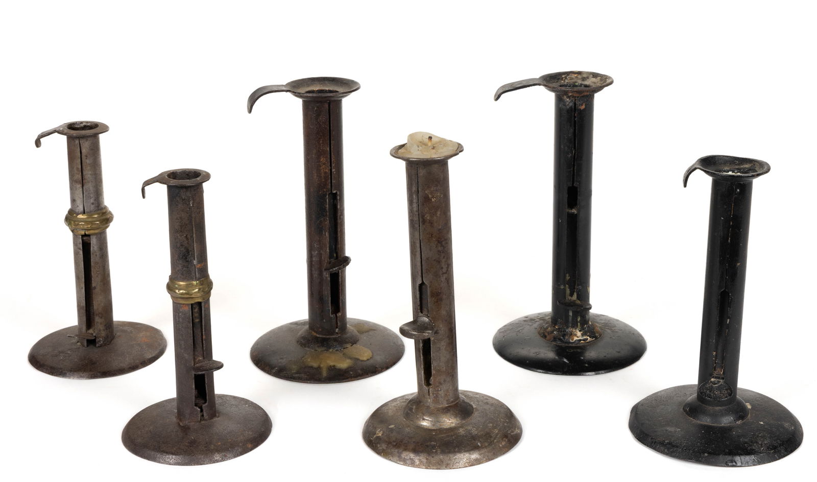 ASSORTED SHEET-IRON HOGSCRAPER CANDLESTICKS, LOT OF SIX (1 of 2)