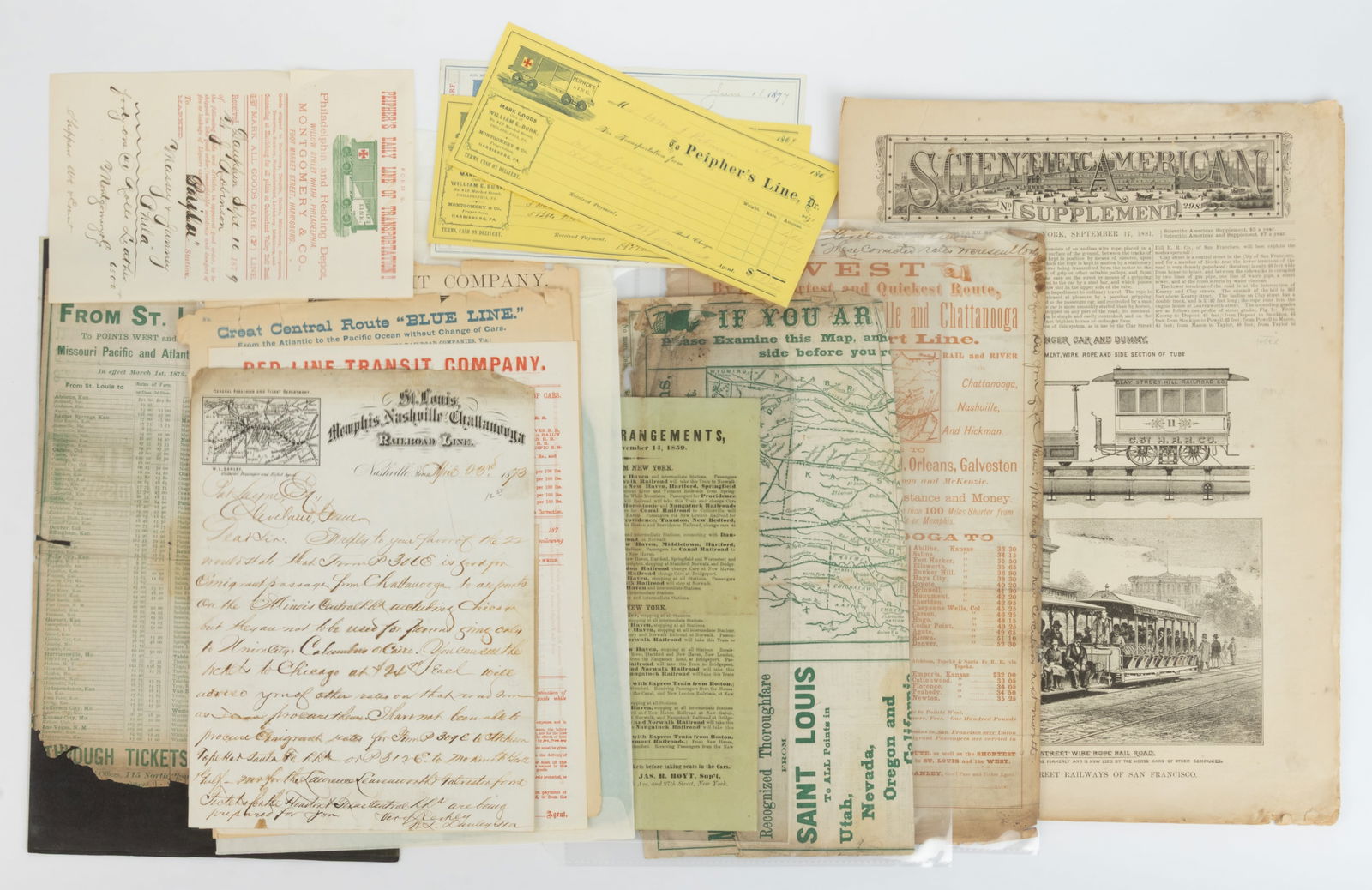 ASSORTED 19TH CENTURY RAILROAD EPHEMERA / PRINTED MATERIALS, LOT OF 15 (1 of 1)